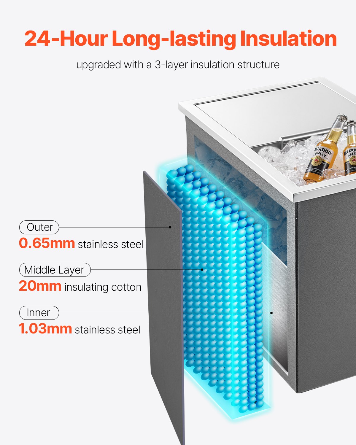 Stainless Steel Drop-in Ice Chest Cooler with Sliding Lid, 28.6 Quart Capacity for Outdoor Kitchen, Bar, Wine, Beer - Includes Drain-pipe Set, Easy to Clean, Insulated for 24H, Patio Use