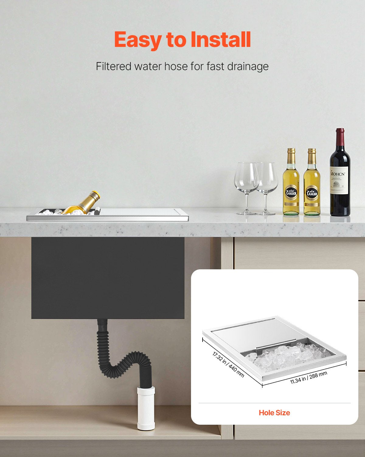 Stainless Steel Drop-in Ice Chest Cooler with Sliding Lid, 28.6 Quart Capacity for Outdoor Kitchen, Bar, Wine, Beer - Includes Drain-pipe Set, Easy to Clean, Insulated for 24H, Patio Use