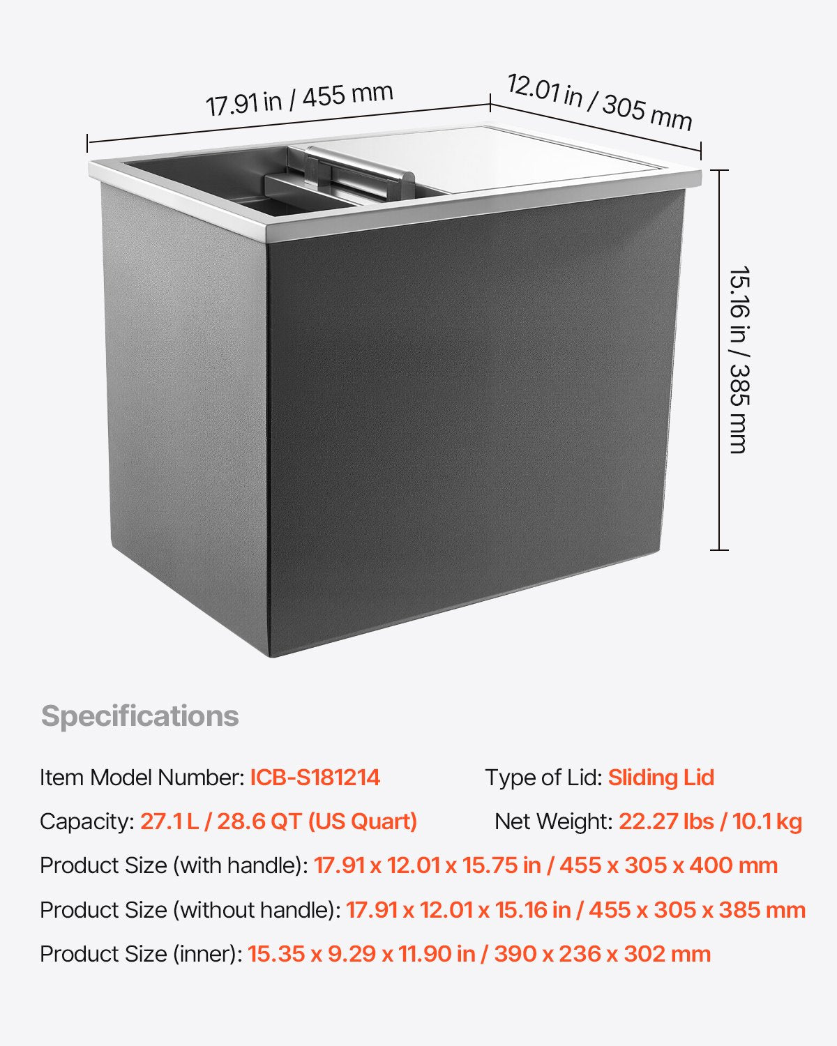 Stainless Steel Drop-in Ice Chest Cooler with Sliding Lid, 28.6 Quart Capacity for Outdoor Kitchen, Bar, Wine, Beer - Includes Drain-pipe Set, Easy to Clean, Insulated for 24H, Patio Use