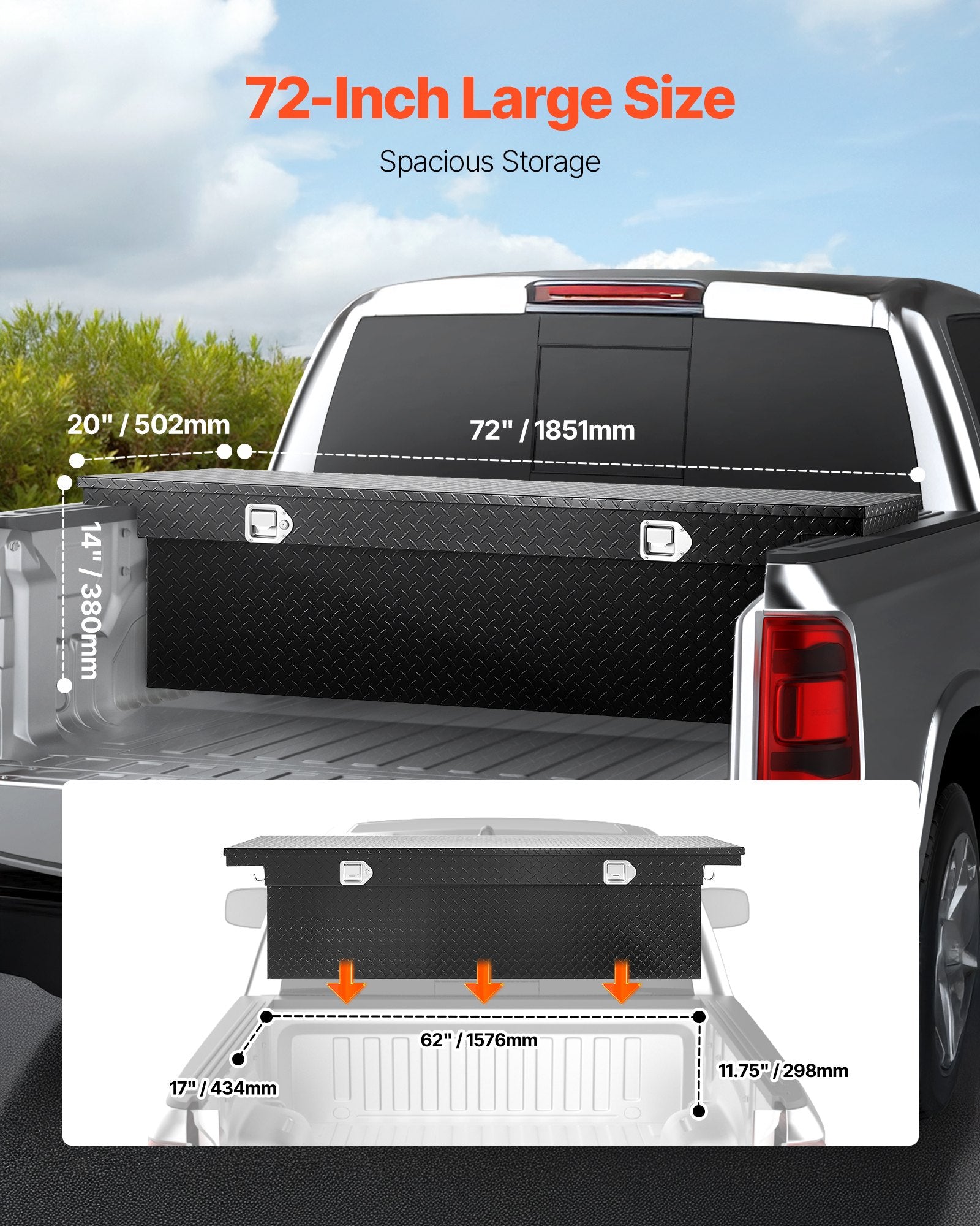 Heavy Duty 72x20x14 Inch Aluminum Crossover Truck Tool Box, Diamond Texture, Waterproof, Locking Storage Organizer for RVs and Pickups, Black