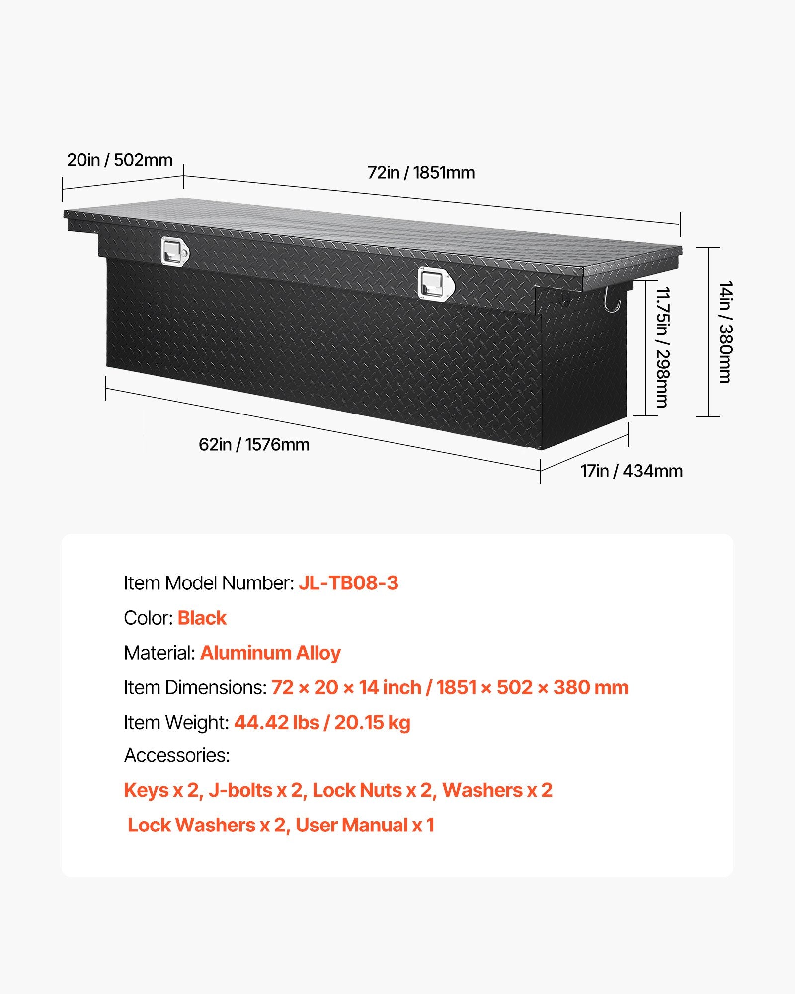Heavy Duty 72x20x14 Inch Aluminum Crossover Truck Tool Box, Diamond Texture, Waterproof, Locking Storage Organizer for RVs and Pickups, Black
