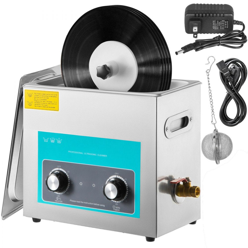 VEVOR Ultrasonic Vinyl Record Cleaner 6L 40kHz Vinyl Ultrasonic Cleaning Machine Knob Control Record Ultrasonic Cleaner 8 Records Vinyl Sonic Cleaner Stainless Steel Tank w/ Mechanical Heater & Timer