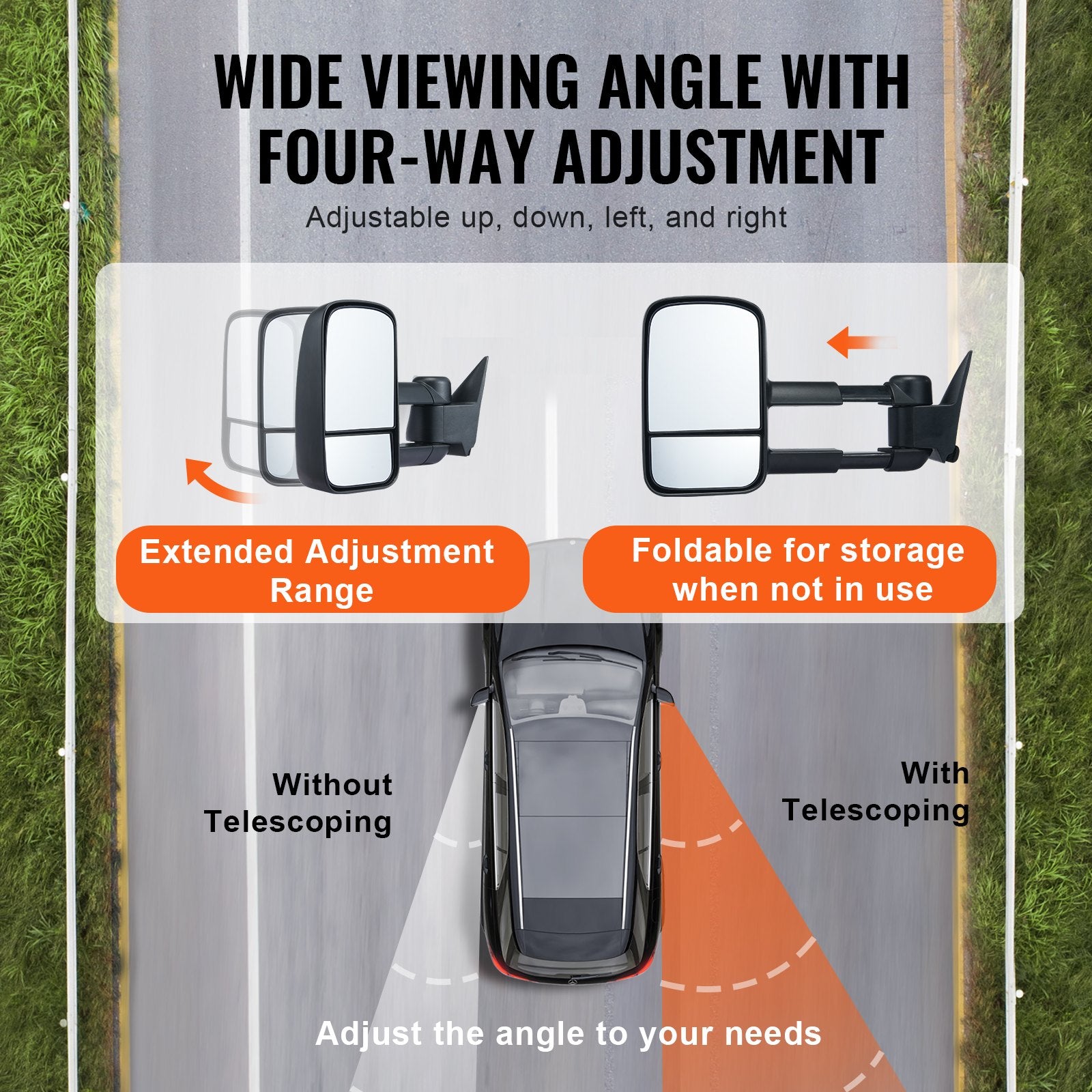 Chevy/GMC Towing Mirrors (1988-1998), Black Manual Telescoping, Plane & Convex Glass, 4-Way Adjustable, Heavy-Duty Replacement Set