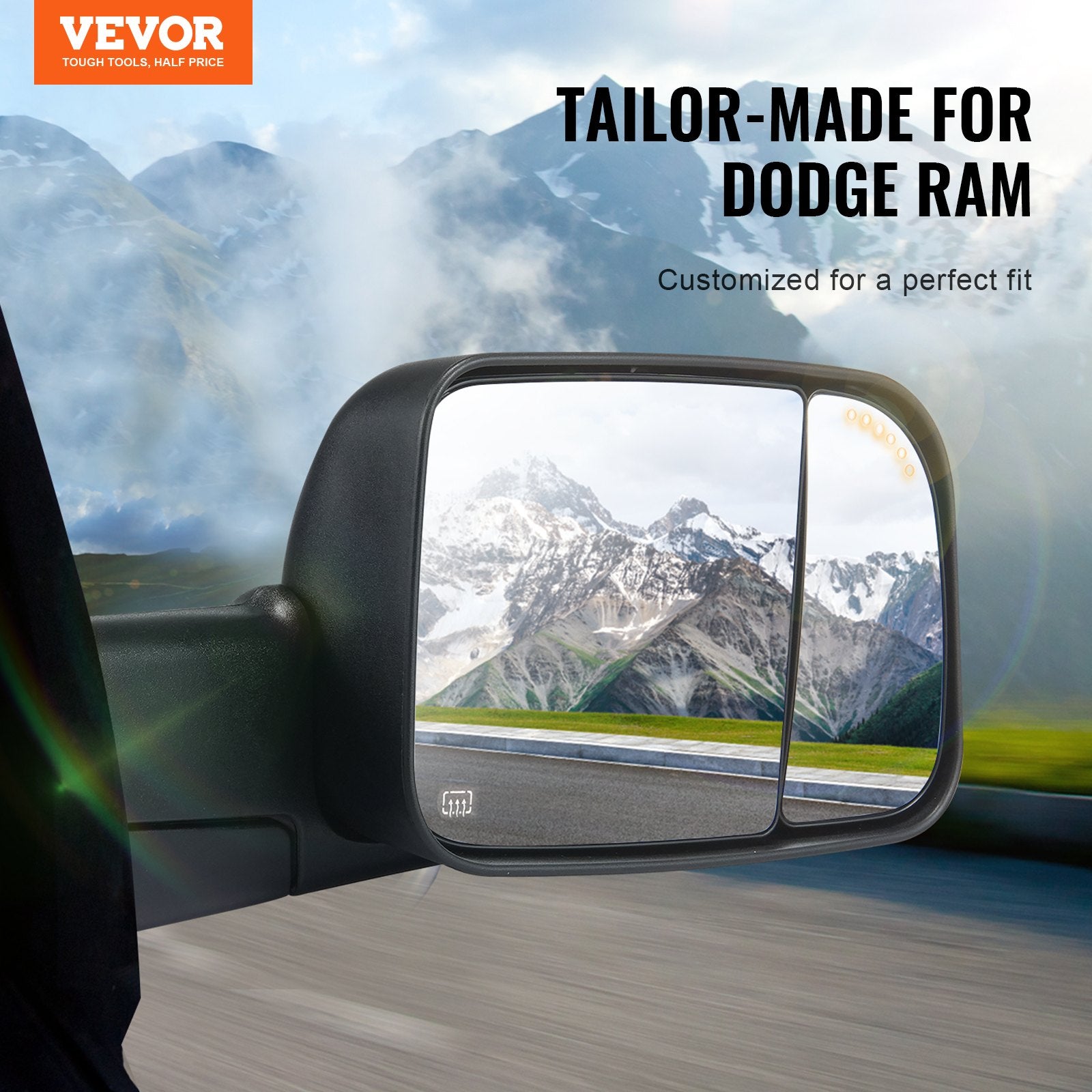 Dodge Ram Towing Mirrors, Power Heated with Signal & Puddle Lights, Fits 2002-2009 Models, Manual Flip, Black, Easy Install