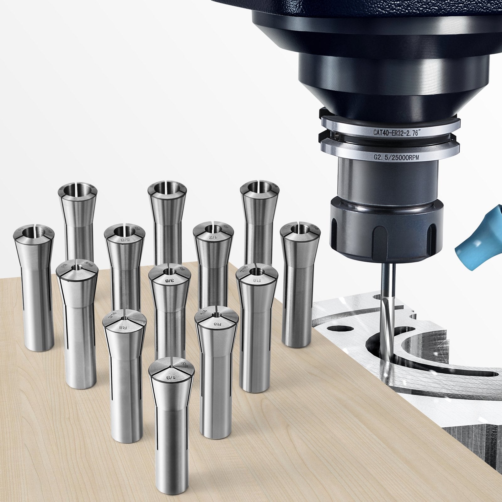 Precision R8 Collet Set, 13-Piece, 1/8"-7/8" Range, Mill Collet Chuck with Low TIR for Milling, Drilling & Boring Machines, Includes Labeled Storage