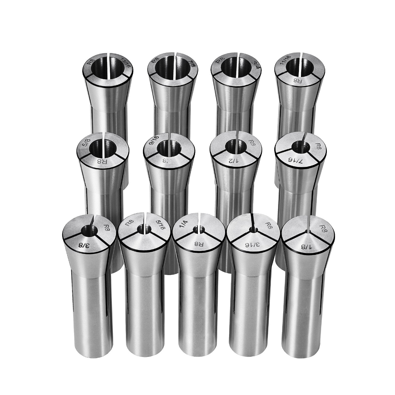 Precision R8 Collet Set, 13-Piece, 1/8"-7/8" Range, Mill Collet Chuck with Low TIR for Milling, Drilling & Boring Machines, Includes Labeled Storage