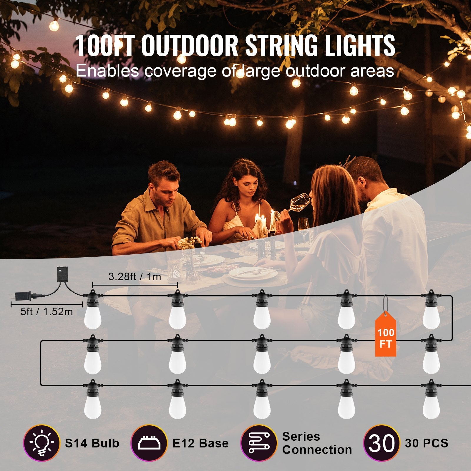 100FT RGB Outdoor String Lights with APP Control - Adjustable Brightness, Waterproof Patio Lights for Halloween & Christmas Décor