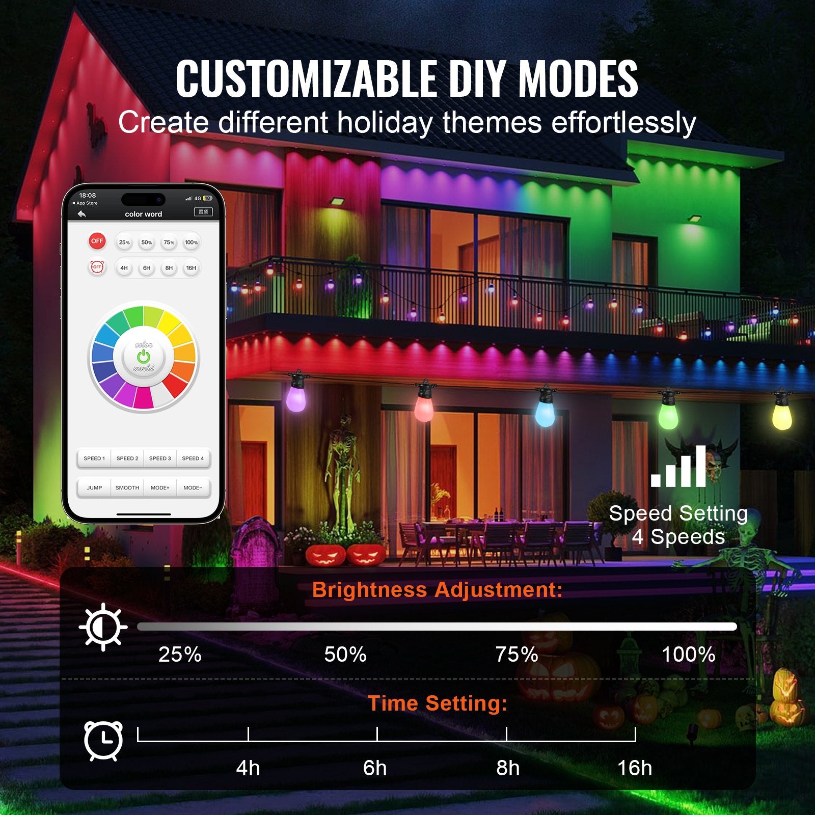 Vibrant 50FT RGB Outdoor String Lights with APP Control, 15 Adjustable Bulbs, Waterproof Patio Lights for Holiday and Party Decor