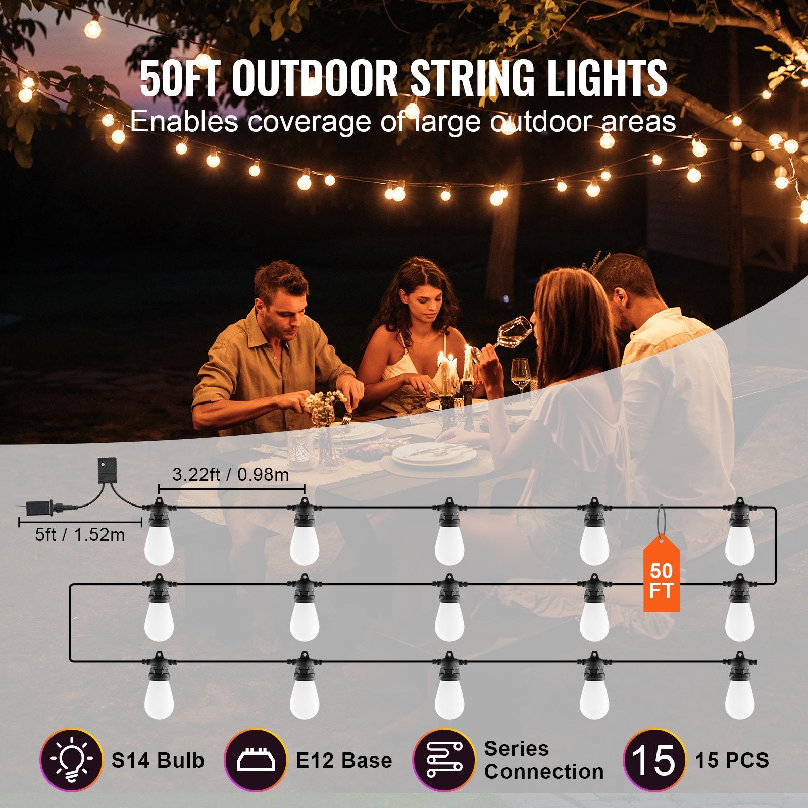 Vibrant 50FT RGB Outdoor String Lights with APP Control, 15 Adjustable Bulbs, Waterproof Patio Lights for Holiday and Party Decor