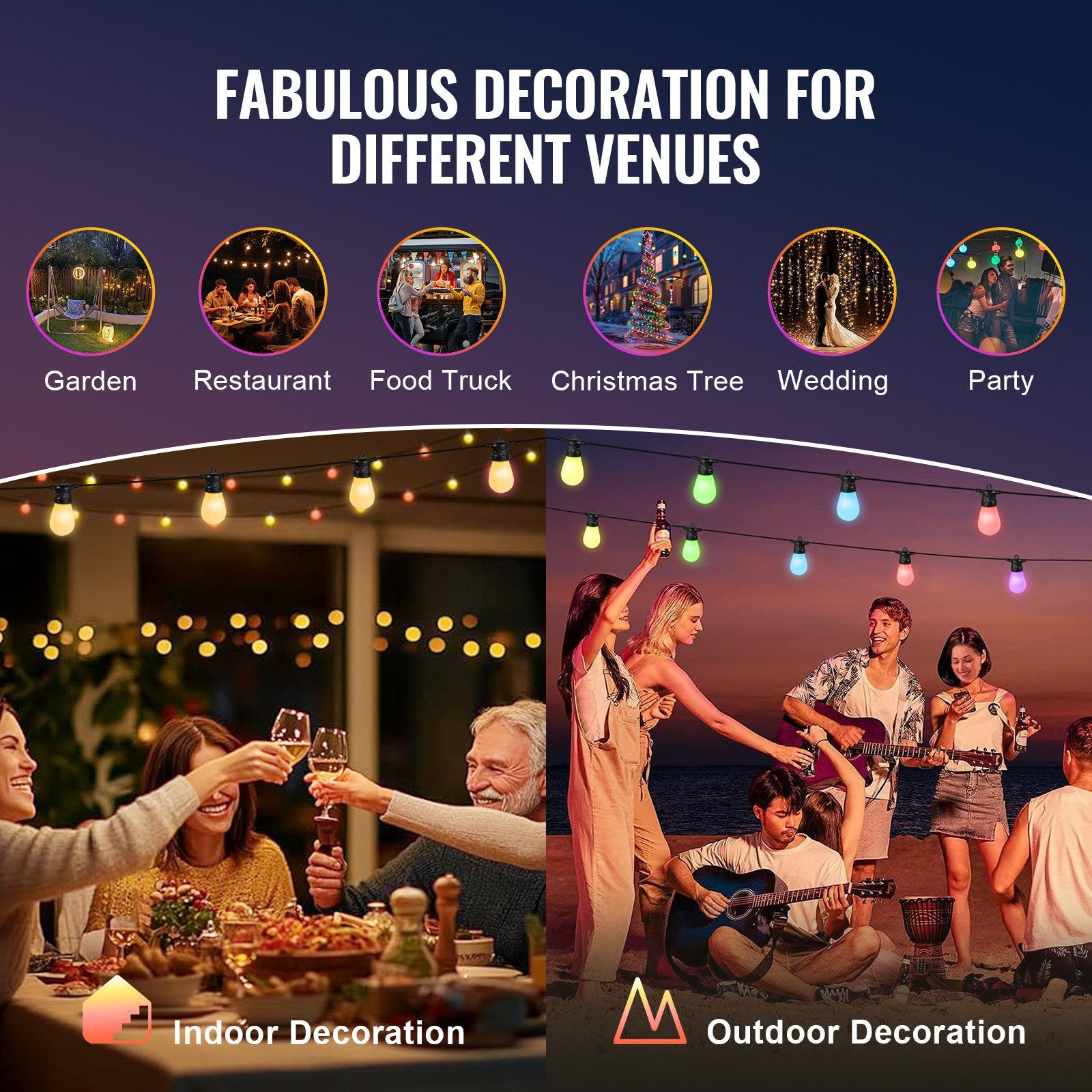 Vibrant 50FT RGB Outdoor String Lights with APP Control, 15 Adjustable Bulbs, Waterproof Patio Lights for Holiday and Party Decor