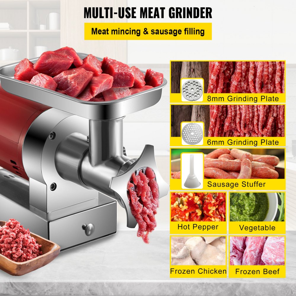 VEVOR Electric Meat Grinder, 661 Lbs/Hour 1100 W Meat Grinder Machine, 1.5 HP Electric Meat Mincer with?2?Grinding?Plates,?Sausage?Kit Set Meat Grinder Heavy Duty, Home Kitchen & Commercial Use Red