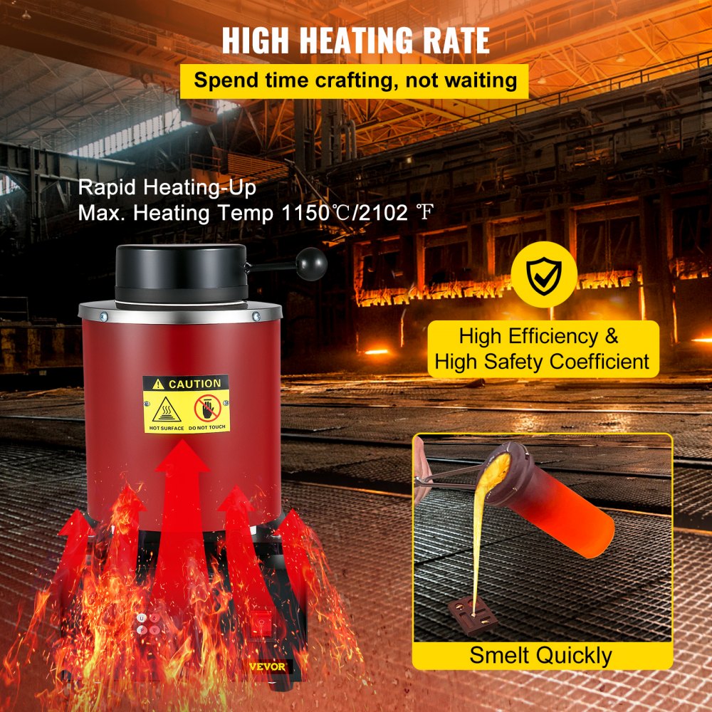 High-Temperature Digital Electric Furnace for Melting Gold, Silver, and Copper with Graphite Crucibles and Ingot Die, 3KG Capacity, 1750W 1150℃/2102 ℉