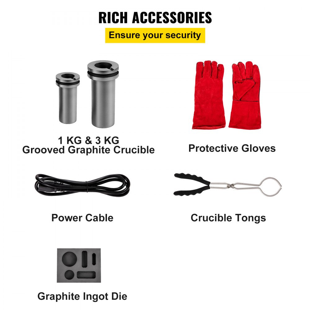 High-Temperature Digital Electric Furnace for Melting Gold, Silver, and Copper with Graphite Crucibles and Ingot Die, 3KG Capacity, 1750W 1150℃/2102 ℉