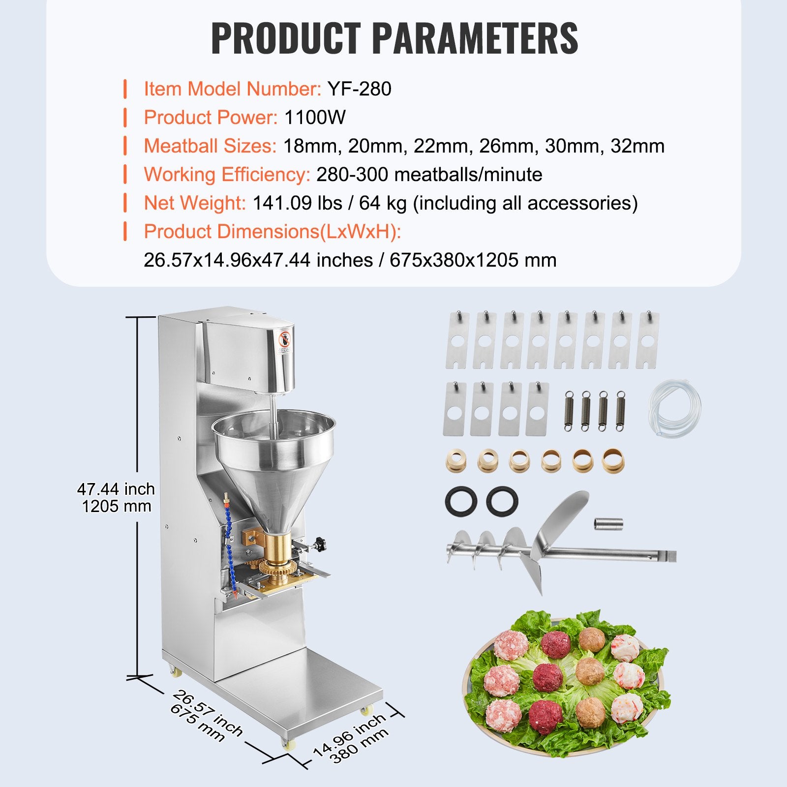 High-Efficiency 1100W Automatic Meatball Maker - Stainless Steel Electric Forming Machine for Fish, Beef, Pork, Shrimp Balls with Adjustable Sizes (18-32mm) and 280 PCs/min Output