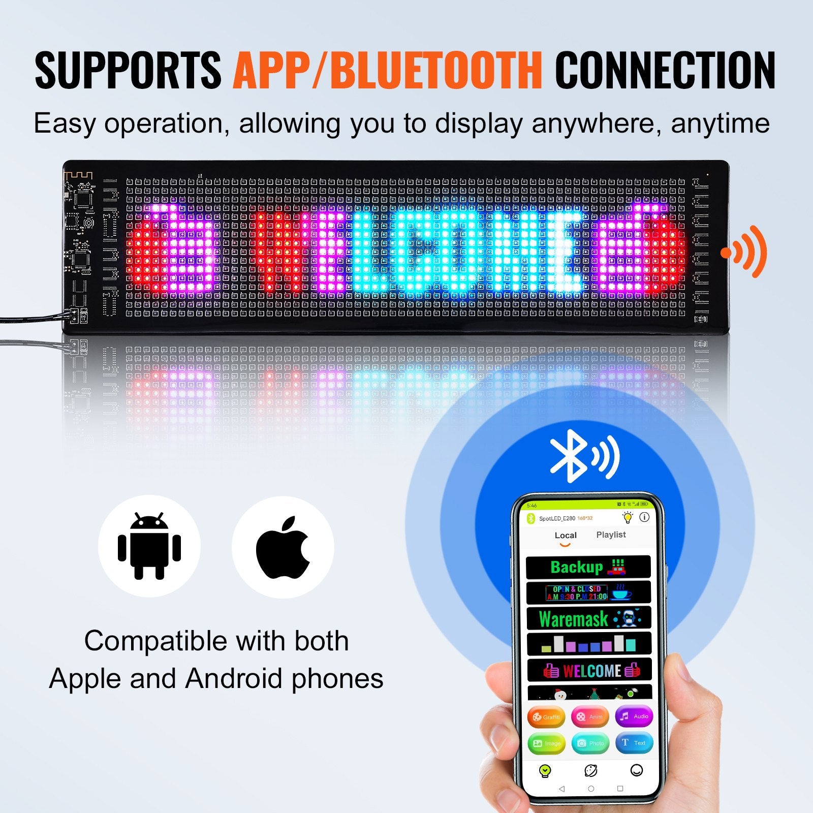 Customizable LED Advertising Display Board, P5 Full Color Scrolling Sign with Bluetooth App Control for Business, Store, Car, and Bar Promotions, 15"x4"
