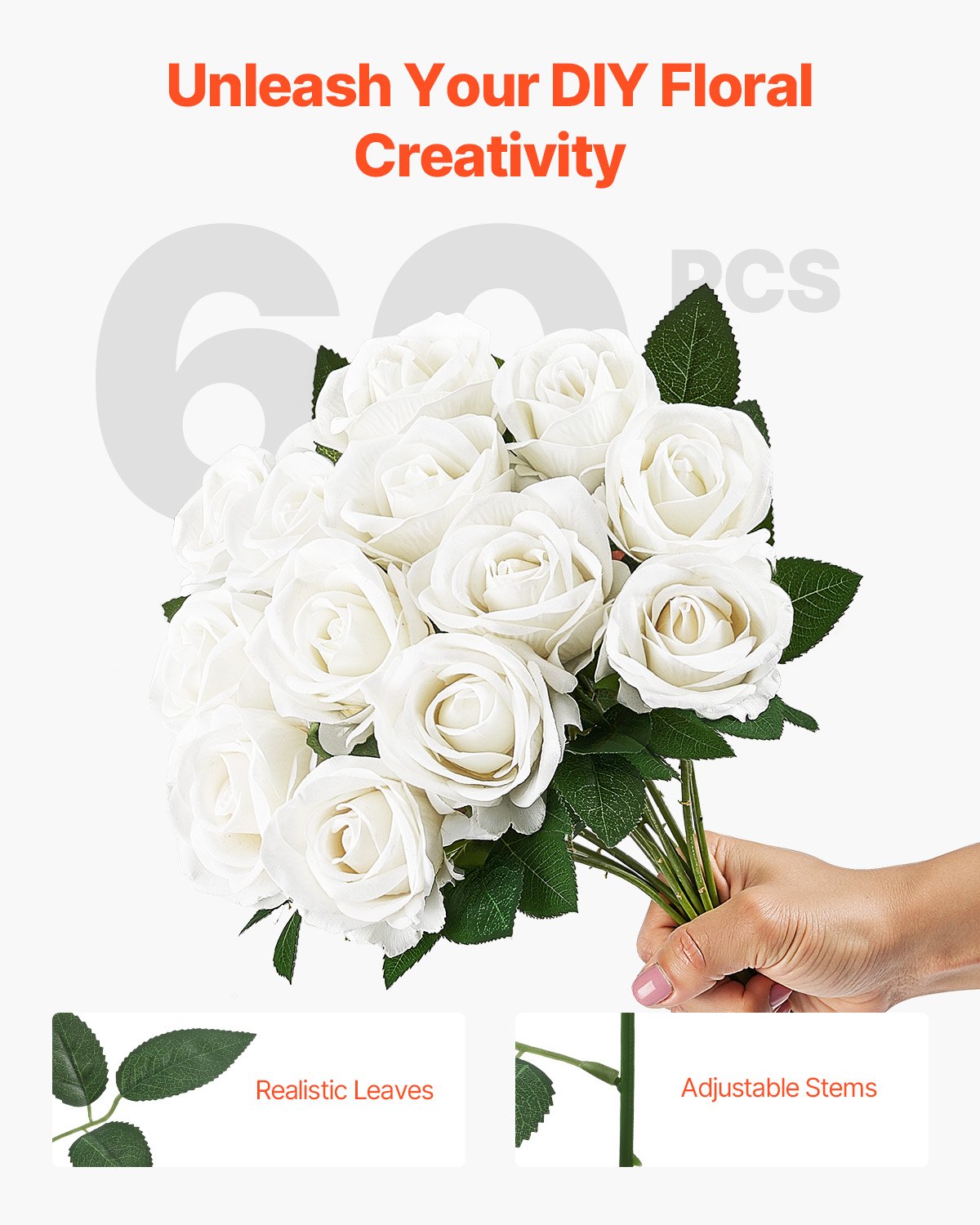 60-Piece White Foam Roses for DIY Wedding Bouquets, Bridal Showers, Home Centerpieces, Party Decorations - Realistic Faux Flowers with Stems