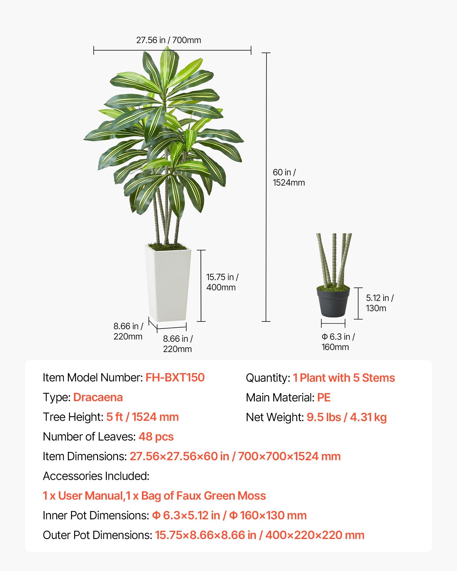 5 ft Artificial Dracaena Tree with Elegant White Planter - Perfect Faux Palm for Home, Office, Indoor & Outdoor Decor, Easy Setup
