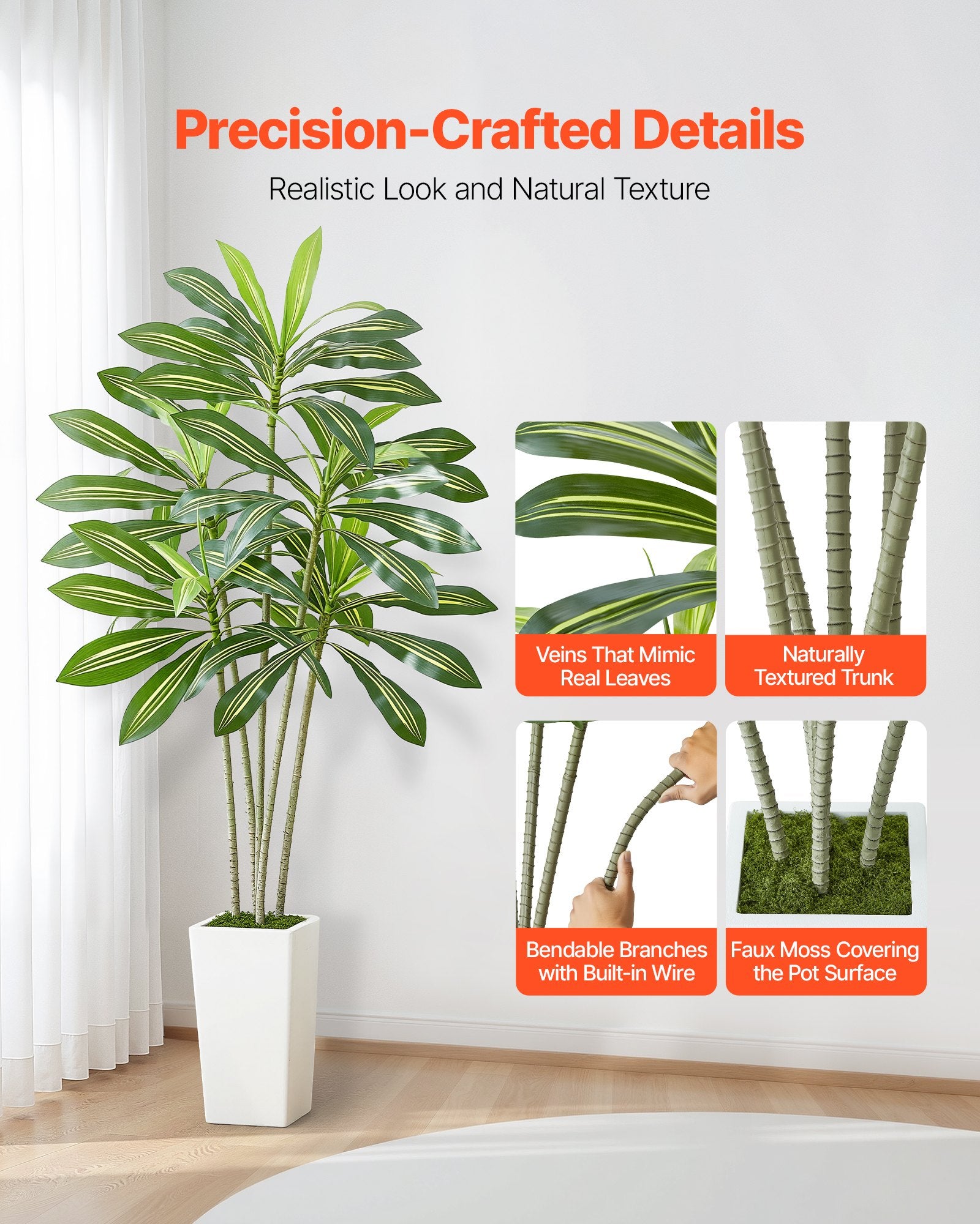 6ft Artificial Dracaena Tree with White Planter - Realistic Faux Palm for Indoor Outdoor Decor, Home Office, Housewarming Gift
