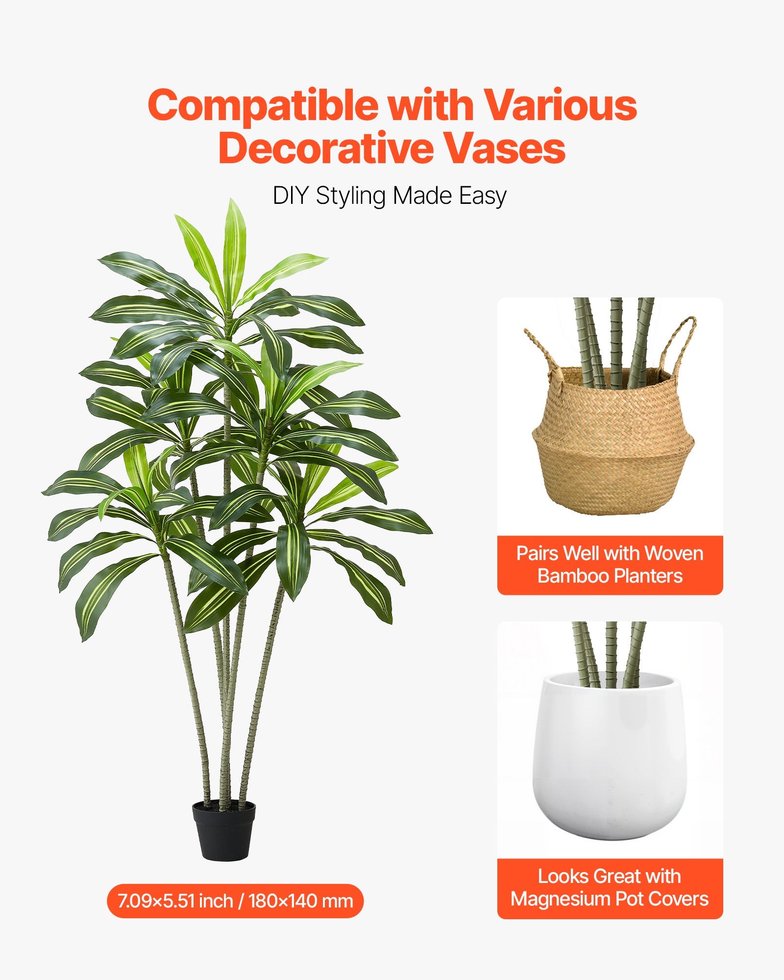 6ft Artificial Dracaena Tree with White Planter - Realistic Faux Palm for Indoor Outdoor Decor, Home Office, Housewarming Gift