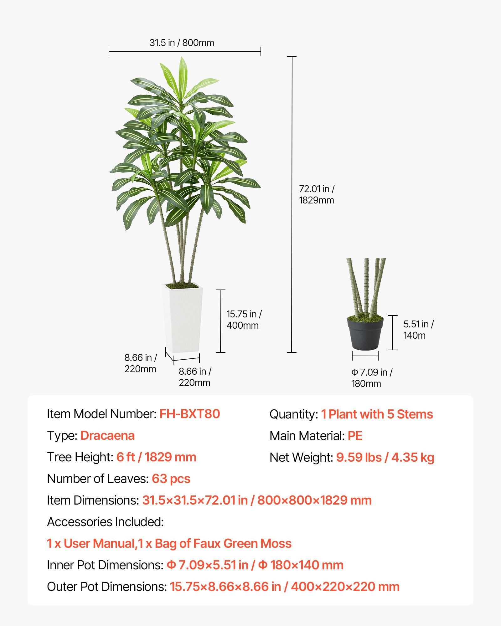 6ft Artificial Dracaena Tree with White Planter - Realistic Faux Palm for Indoor Outdoor Decor, Home Office, Housewarming Gift