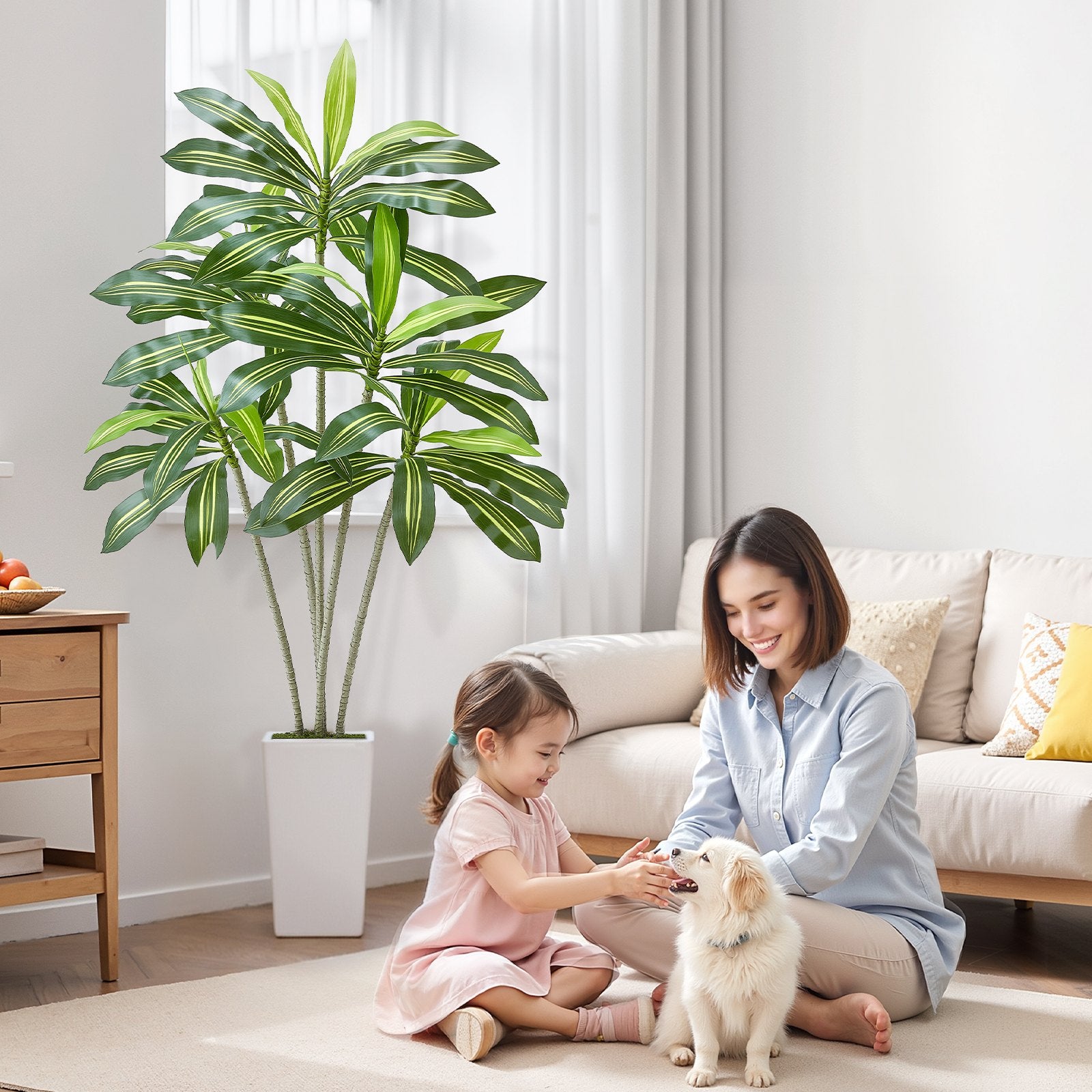 6ft Artificial Dracaena Tree with White Planter - Realistic Faux Palm for Indoor Outdoor Decor, Home Office, Housewarming Gift