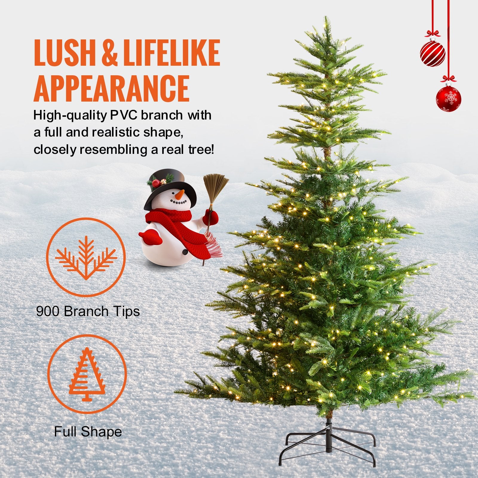 6.5ft Prelit Artificial Christmas Tree with 350 Warm White LED Lights, 900 Branch Tips, Metal Base for Home, Party, Office, Festive Decor