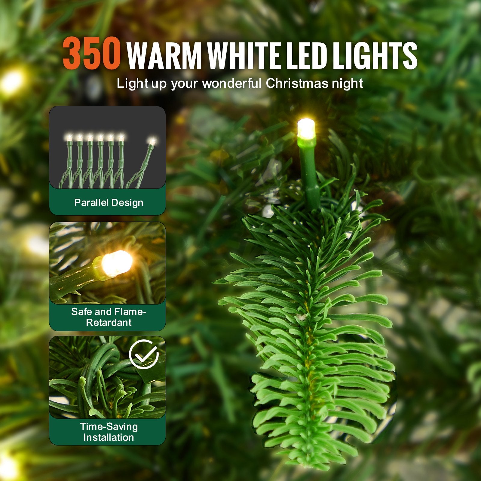 6.5ft Prelit Artificial Christmas Tree with 350 Warm White LED Lights, 900 Branch Tips, Metal Base for Home, Party, Office, Festive Decor