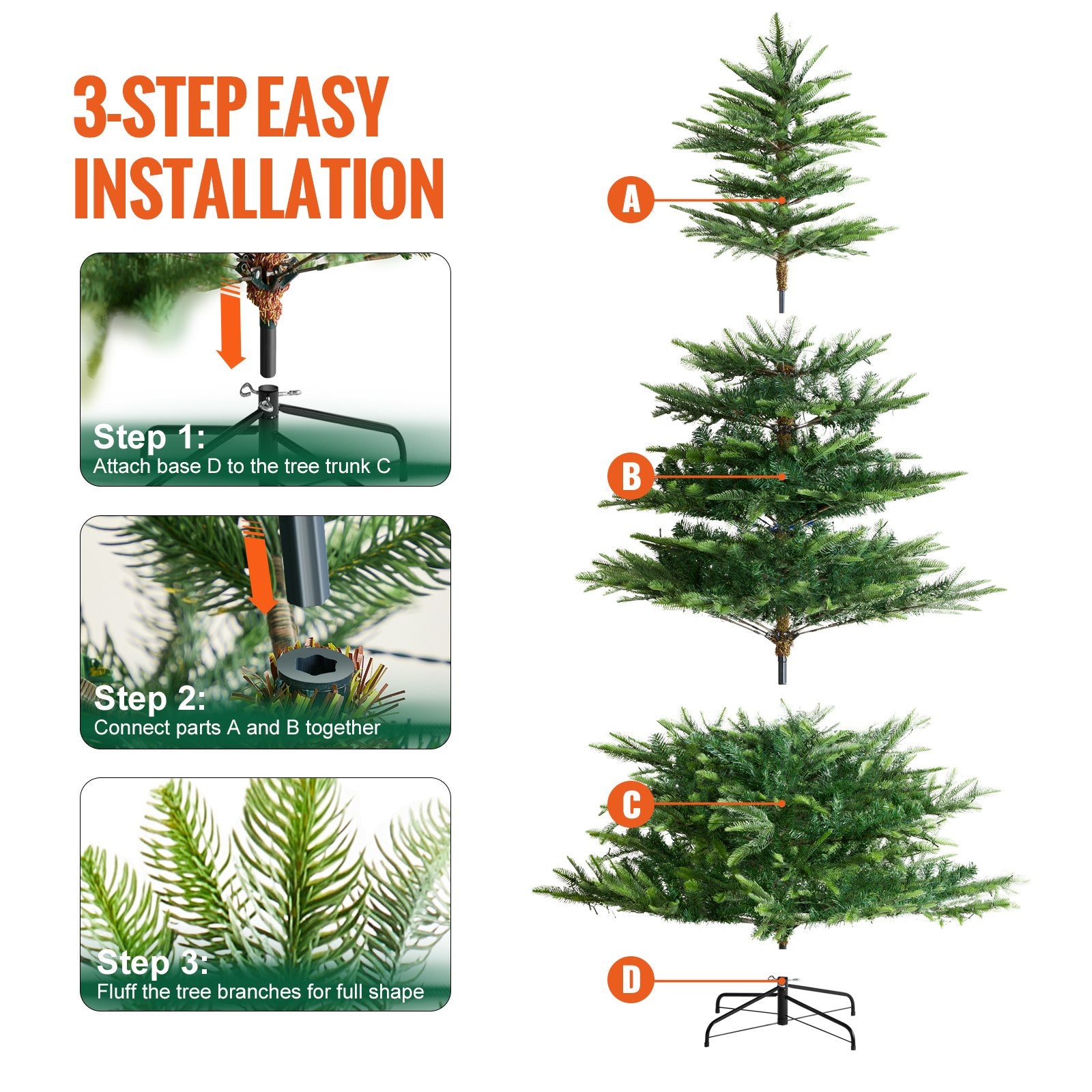 6.5ft Prelit Artificial Christmas Tree with 350 Warm White LED Lights, 900 Branch Tips, Metal Base for Home, Party, Office, Festive Decor