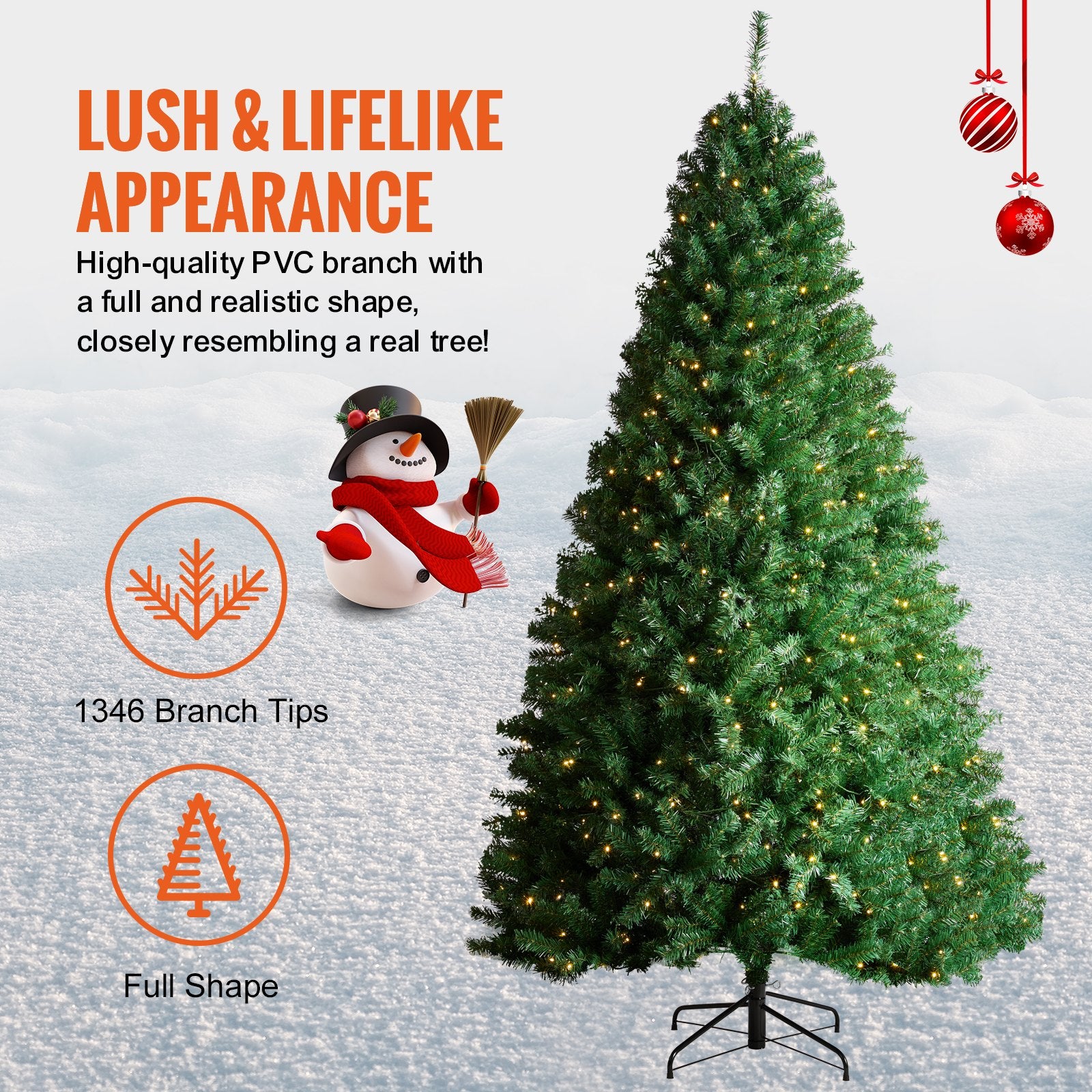 7.5ft Prelit Artificial Christmas Tree with 550 Warm White LEDs, Lush 1346 Tips, Metal Base - Perfect for Festive Home, Office Parties, Easy Setup