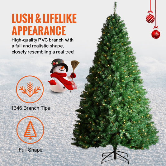 7.5ft Prelit Artificial Christmas Tree with 550 Warm White LEDs, Lush 1346 Tips, Metal Base - Perfect for Festive Home, Office Parties, Easy Setup