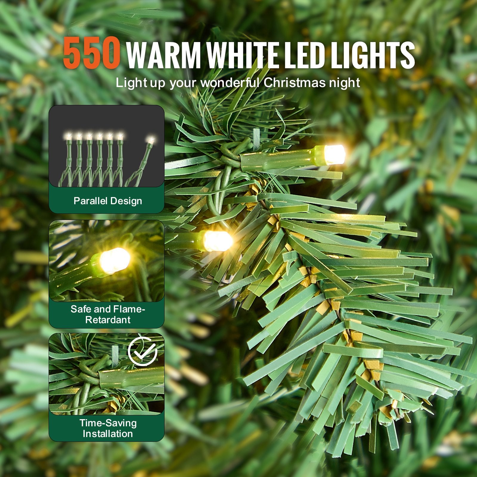 7.5ft Prelit Artificial Christmas Tree with 550 Warm White LEDs, Lush 1346 Tips, Metal Base - Perfect for Festive Home, Office Parties, Easy Setup