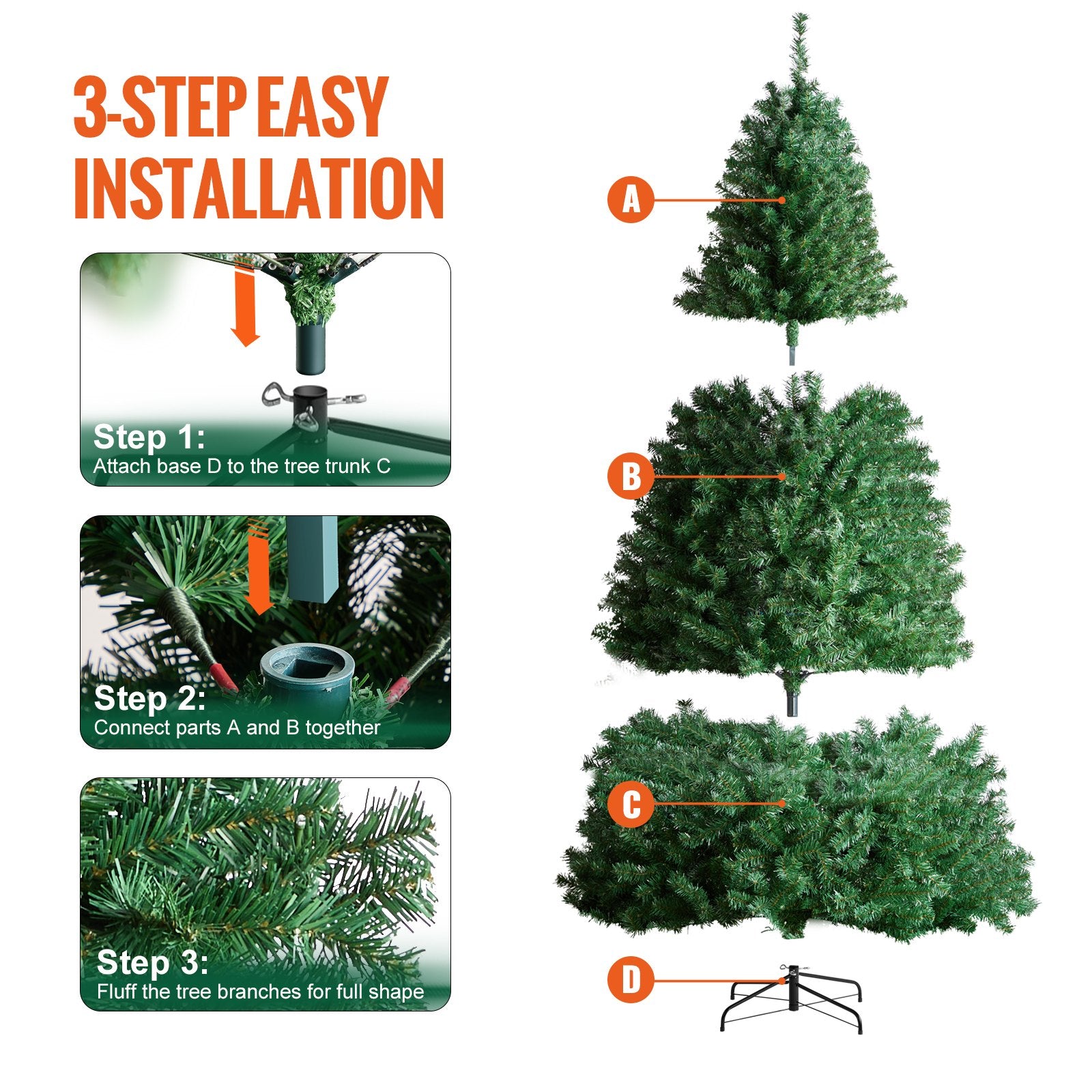 7.5ft Prelit Artificial Christmas Tree with 550 Warm White LEDs, Lush 1346 Tips, Metal Base - Perfect for Festive Home, Office Parties, Easy Setup