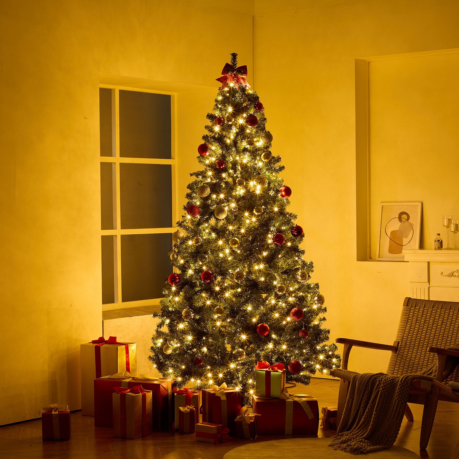 7.5ft Prelit Artificial Christmas Tree with 550 Warm White LEDs, Lush 1346 Tips, Metal Base - Perfect for Festive Home, Office Parties, Easy Setup