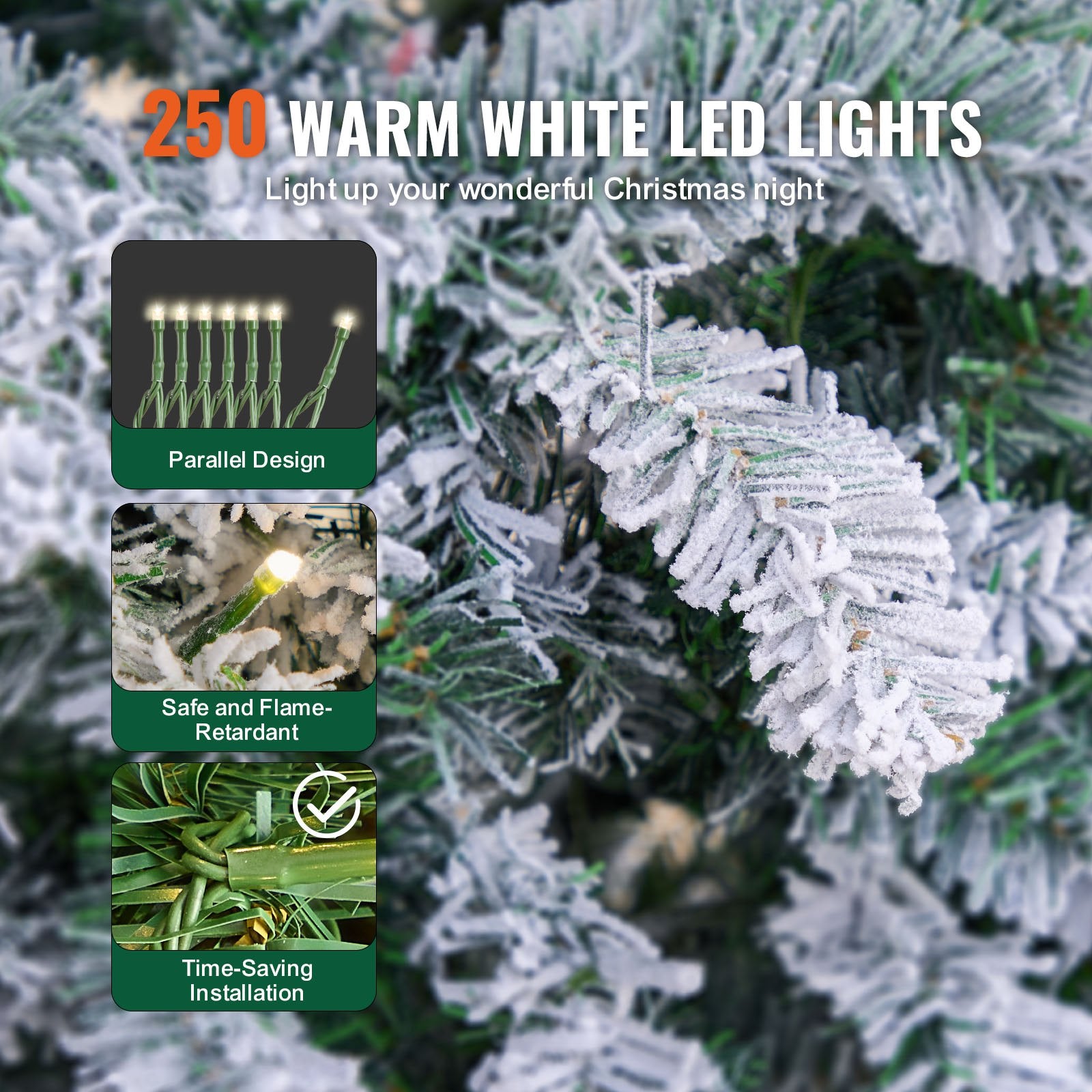 6.5ft Flocked Xmas Tree with 250 Warm White LEDs, Realistic 814 Branch Tips, Sturdy Metal Stand for Home, Office, Party Decor