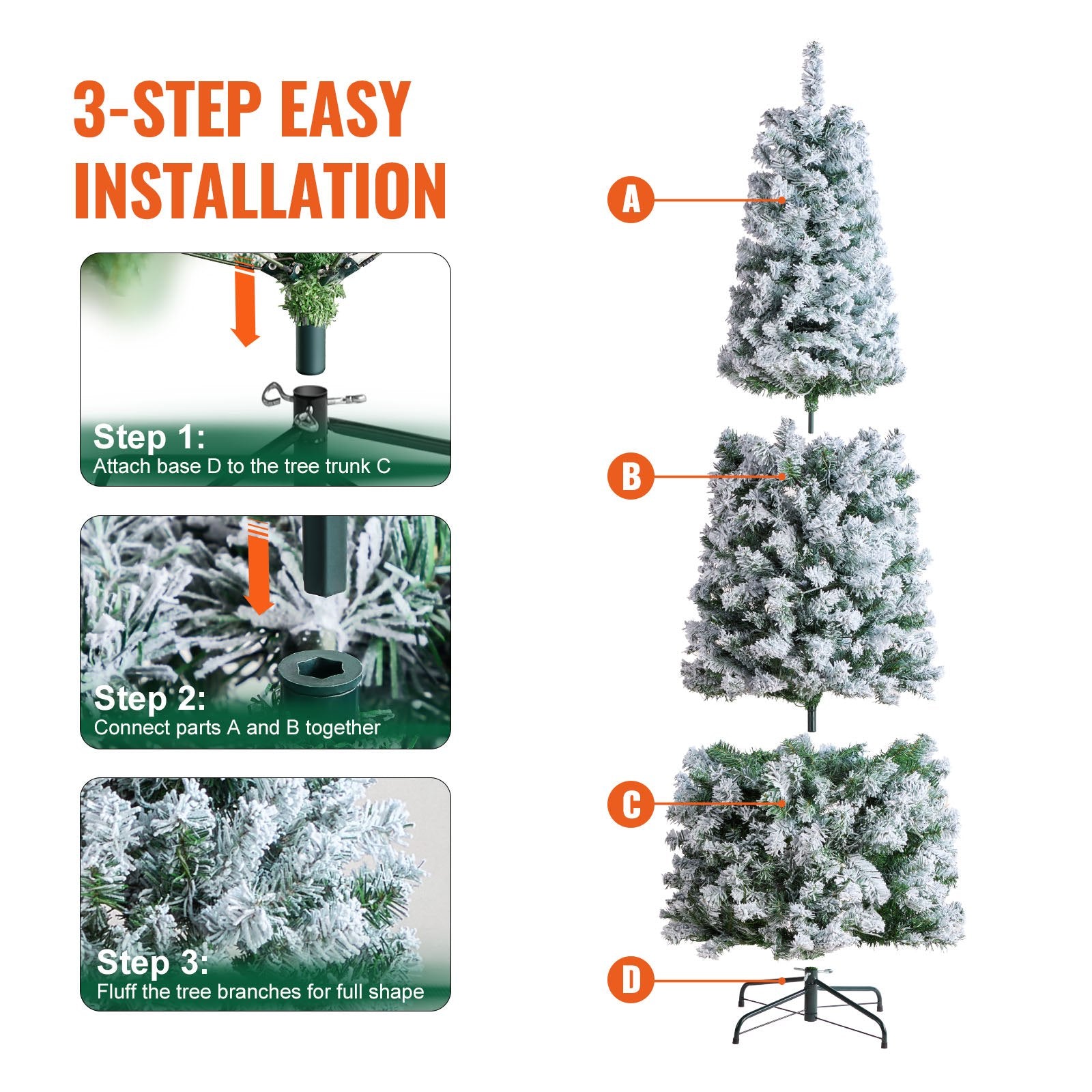 6.5ft Flocked Xmas Tree with 250 Warm White LEDs, Realistic 814 Branch Tips, Sturdy Metal Stand for Home, Office, Party Decor