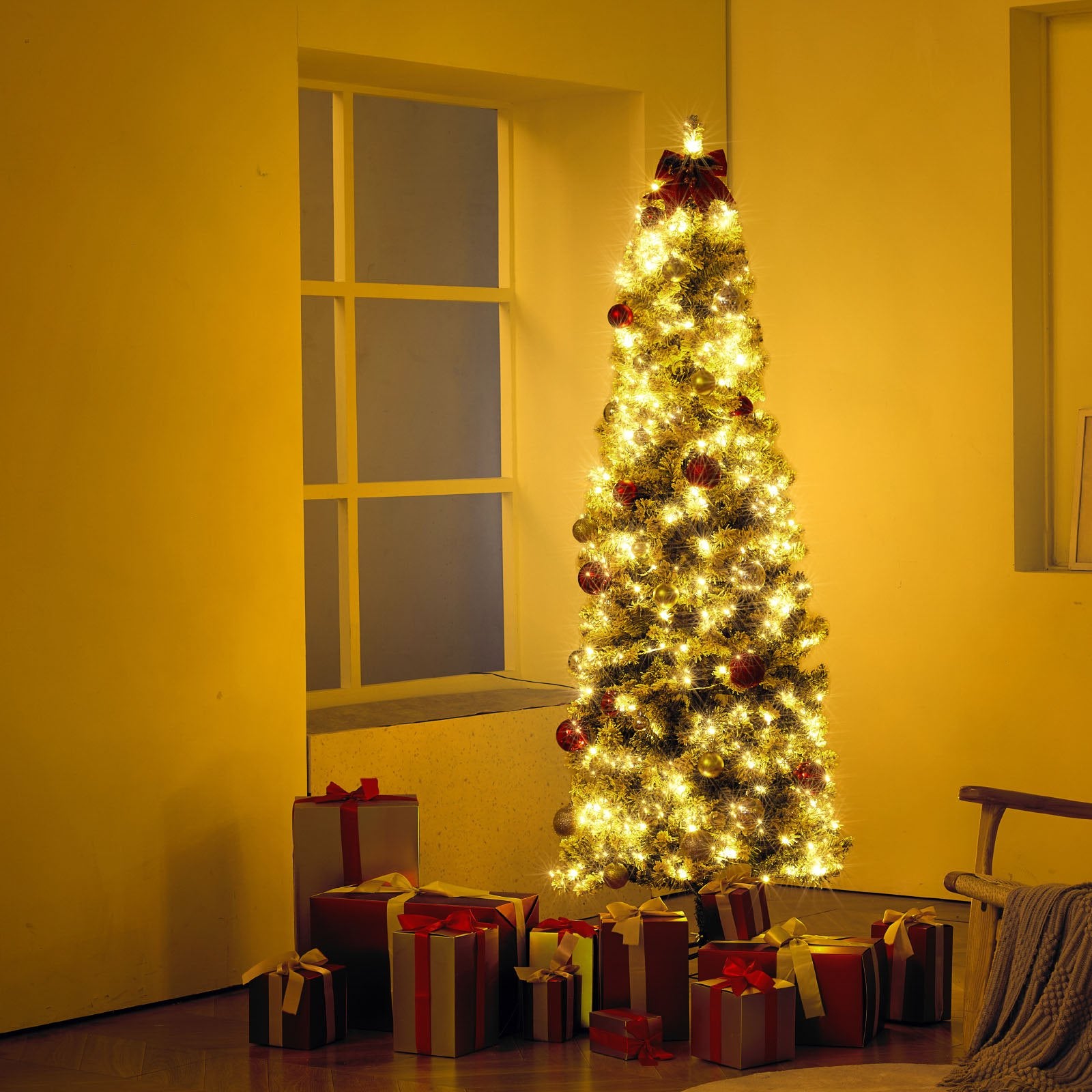6.5ft Flocked Xmas Tree with 250 Warm White LEDs, Realistic 814 Branch Tips, Sturdy Metal Stand for Home, Office, Party Decor