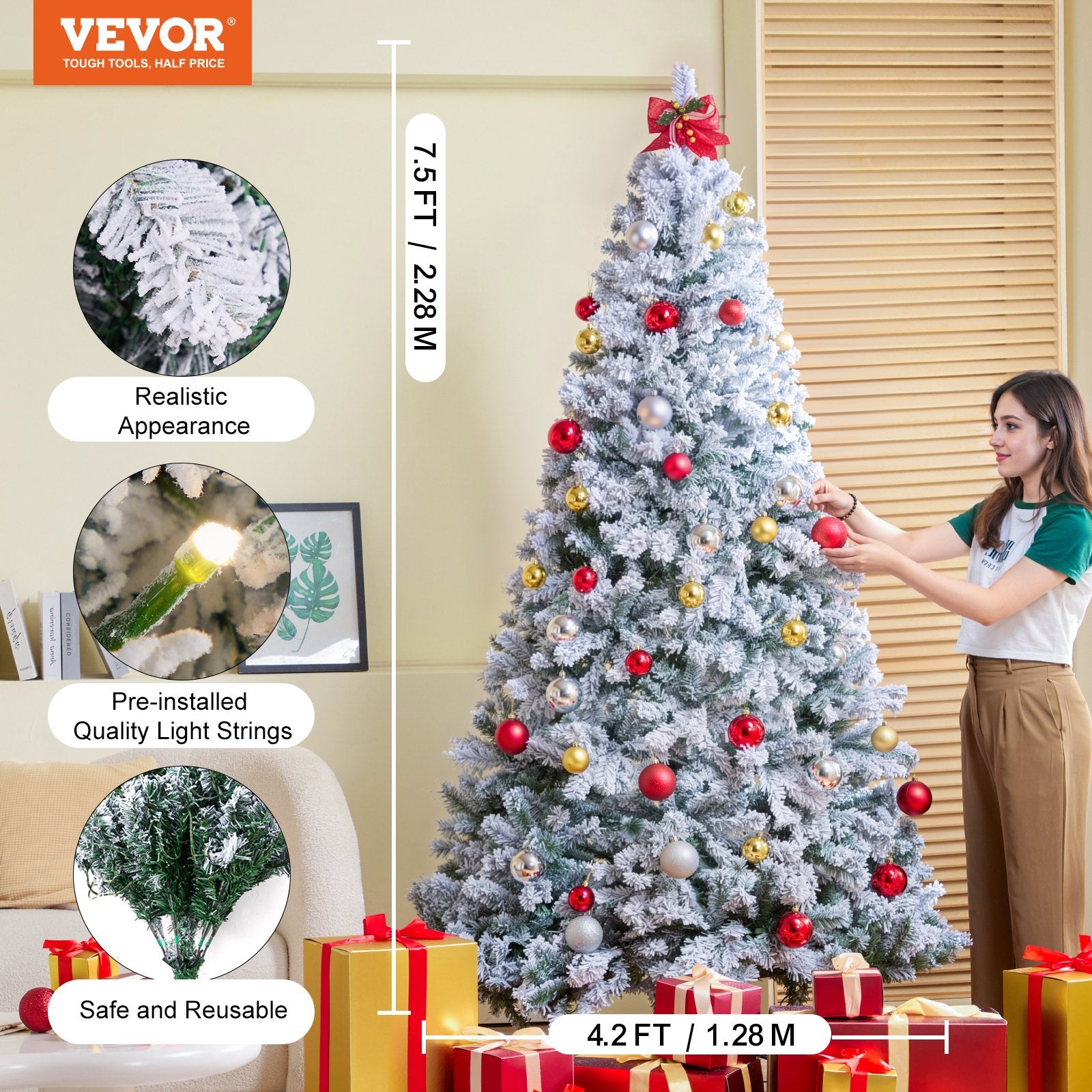 7.5ft Prelit Flocked Artificial Christmas Tree with 550 Warm White LED Lights, 1346 Branch Tips, Metal Base for Home and Office Decoration
