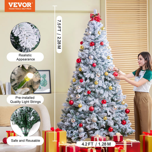 7.5ft Prelit Flocked Artificial Christmas Tree with 550 Warm White LED Lights, 1346 Branch Tips, Metal Base for Home and Office Decoration