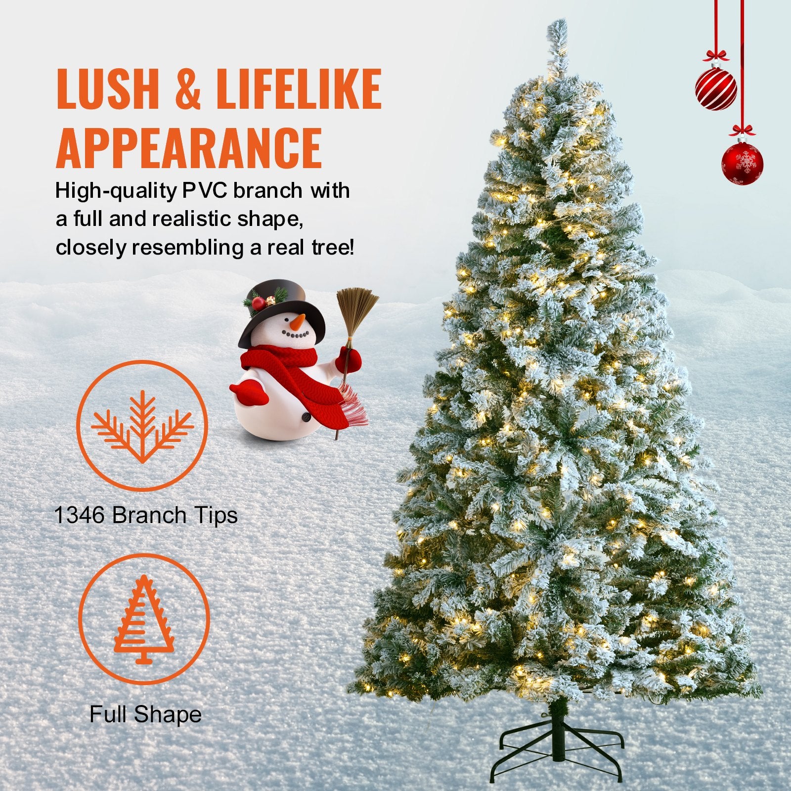 7.5ft Prelit Flocked Artificial Christmas Tree with 550 Warm White LED Lights, 1346 Branch Tips, Metal Base for Home and Office Decoration
