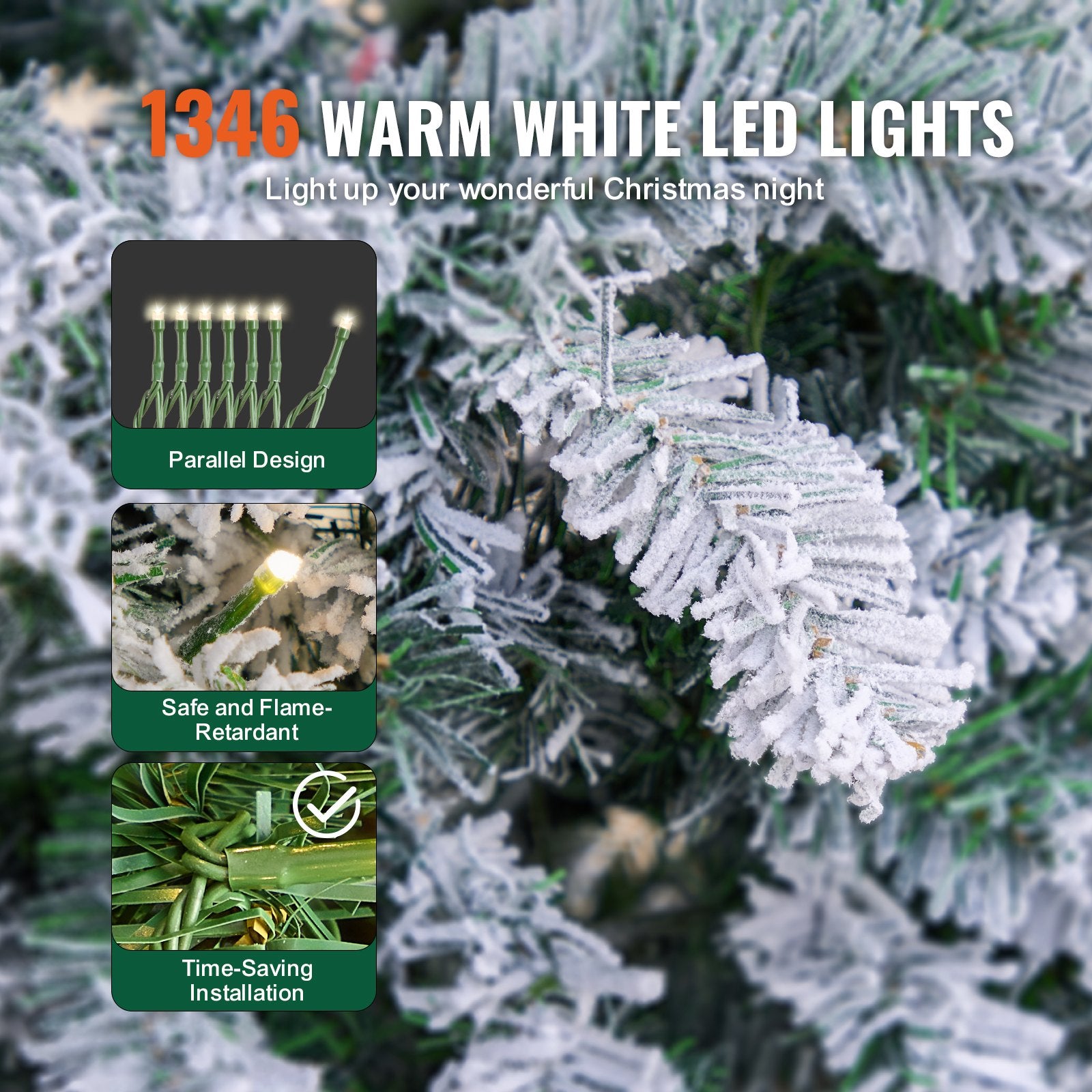 7.5ft Prelit Flocked Artificial Christmas Tree with 550 Warm White LED Lights, 1346 Branch Tips, Metal Base for Home and Office Decoration