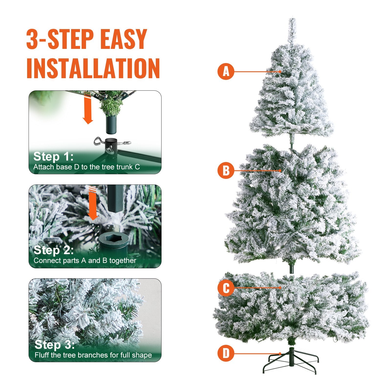 7.5ft Prelit Flocked Artificial Christmas Tree with 550 Warm White LED Lights, 1346 Branch Tips, Metal Base for Home and Office Decoration