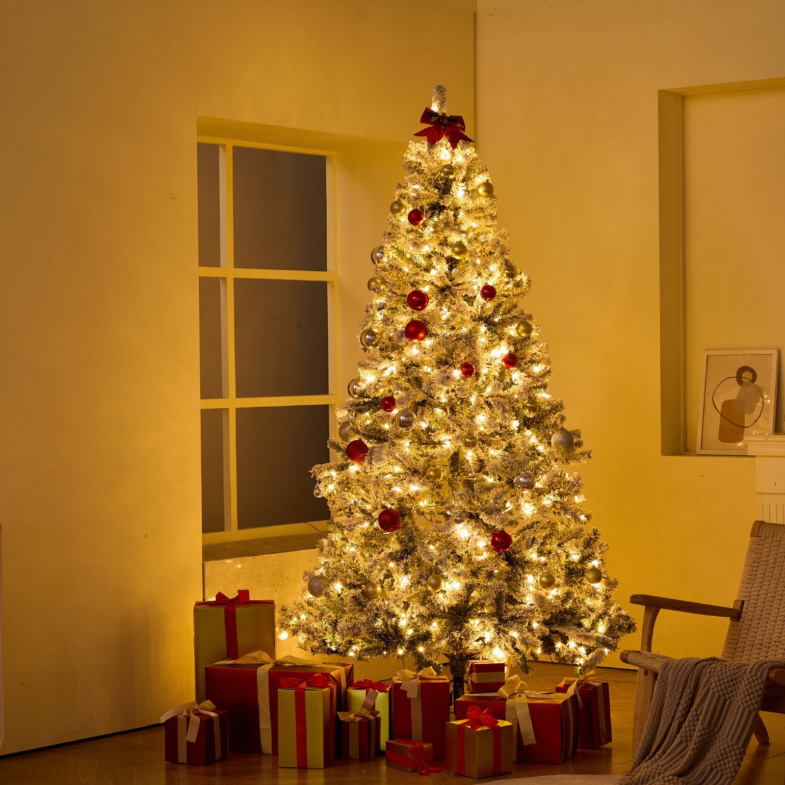 7.5ft Prelit Flocked Artificial Christmas Tree with 550 Warm White LED Lights, 1346 Branch Tips, Metal Base for Home and Office Decoration