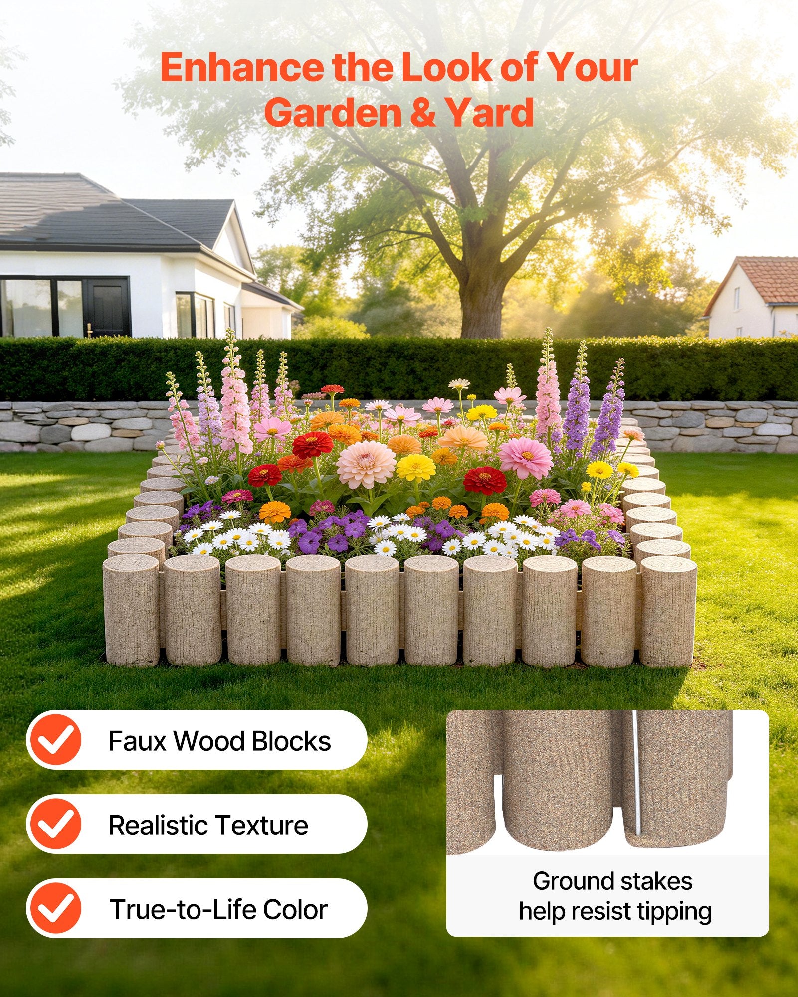 Transform Your Outdoor Space with Faux Wood Landscape Edging – 13.7 ft No Dig Kit for Lawns, Flower Beds & Pathways, 4-Pack, Beige, Flexible & Durable Design