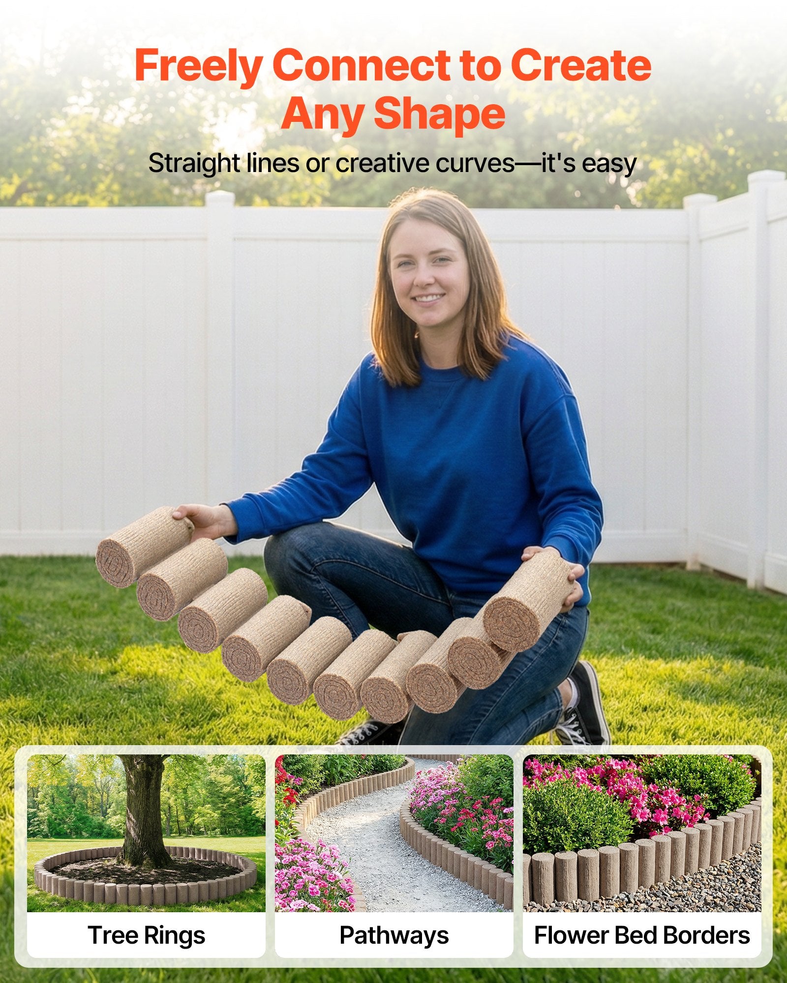 Transform Your Outdoor Space with Faux Wood Landscape Edging – 13.7 ft No Dig Kit for Lawns, Flower Beds & Pathways, 4-Pack, Beige, Flexible & Durable Design