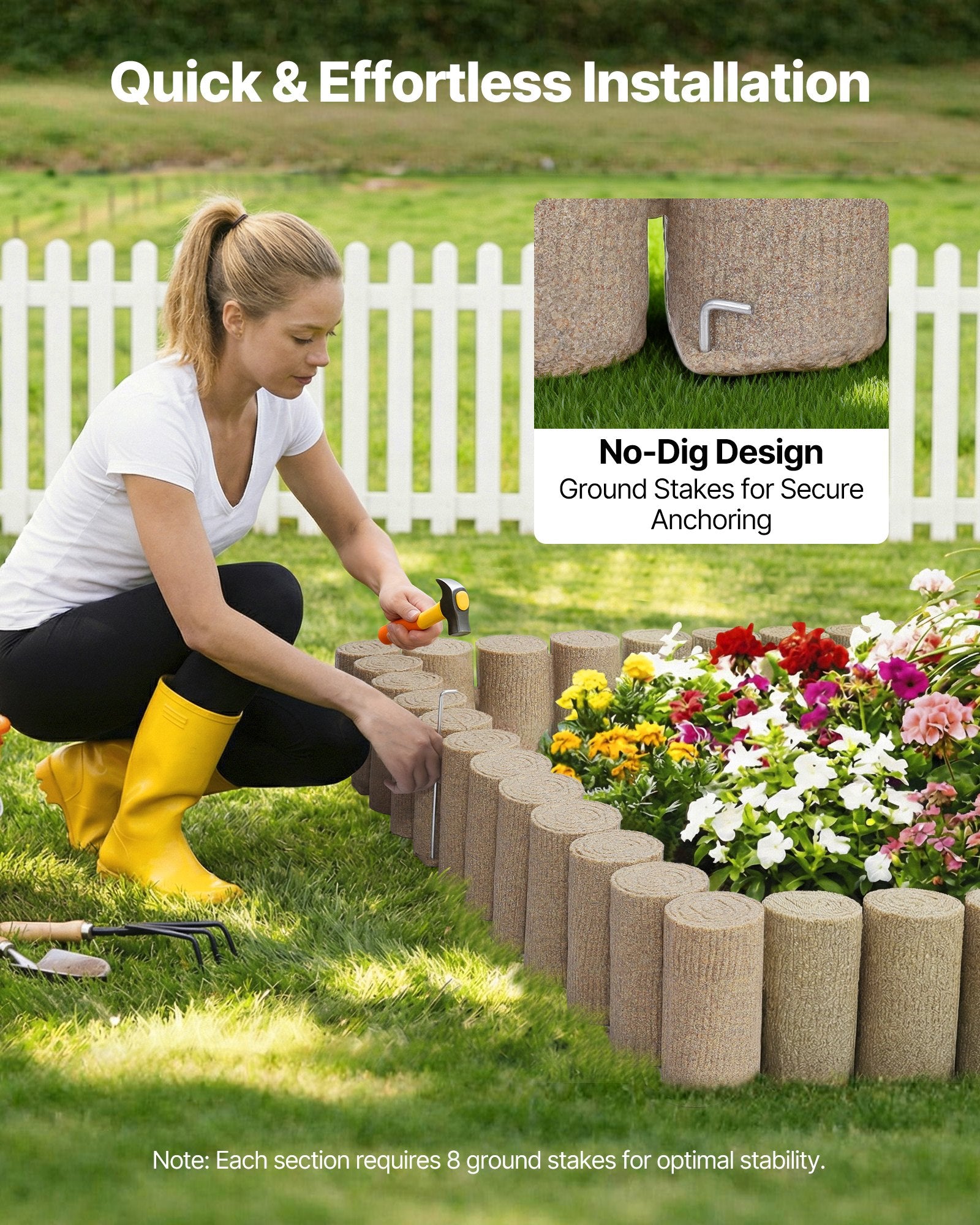 Transform Your Outdoor Space with Faux Wood Landscape Edging – 13.7 ft No Dig Kit for Lawns, Flower Beds & Pathways, 4-Pack, Beige, Flexible & Durable Design