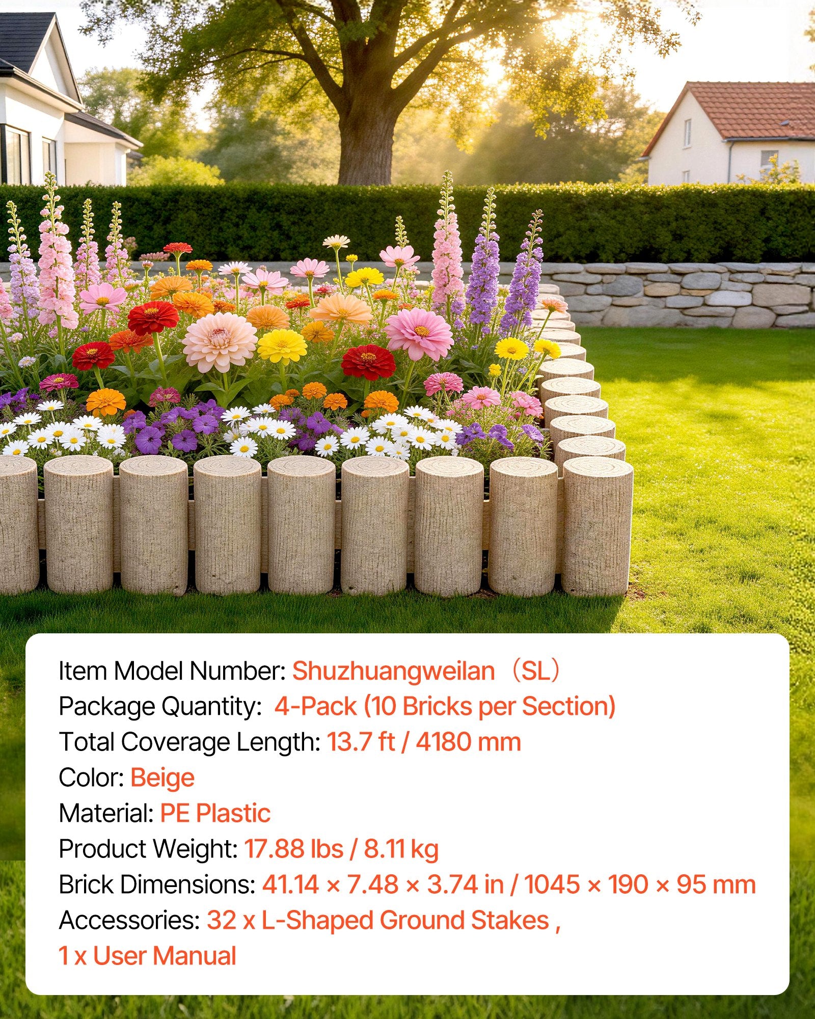 Transform Your Outdoor Space with Faux Wood Landscape Edging – 13.7 ft No Dig Kit for Lawns, Flower Beds & Pathways, 4-Pack, Beige, Flexible & Durable Design