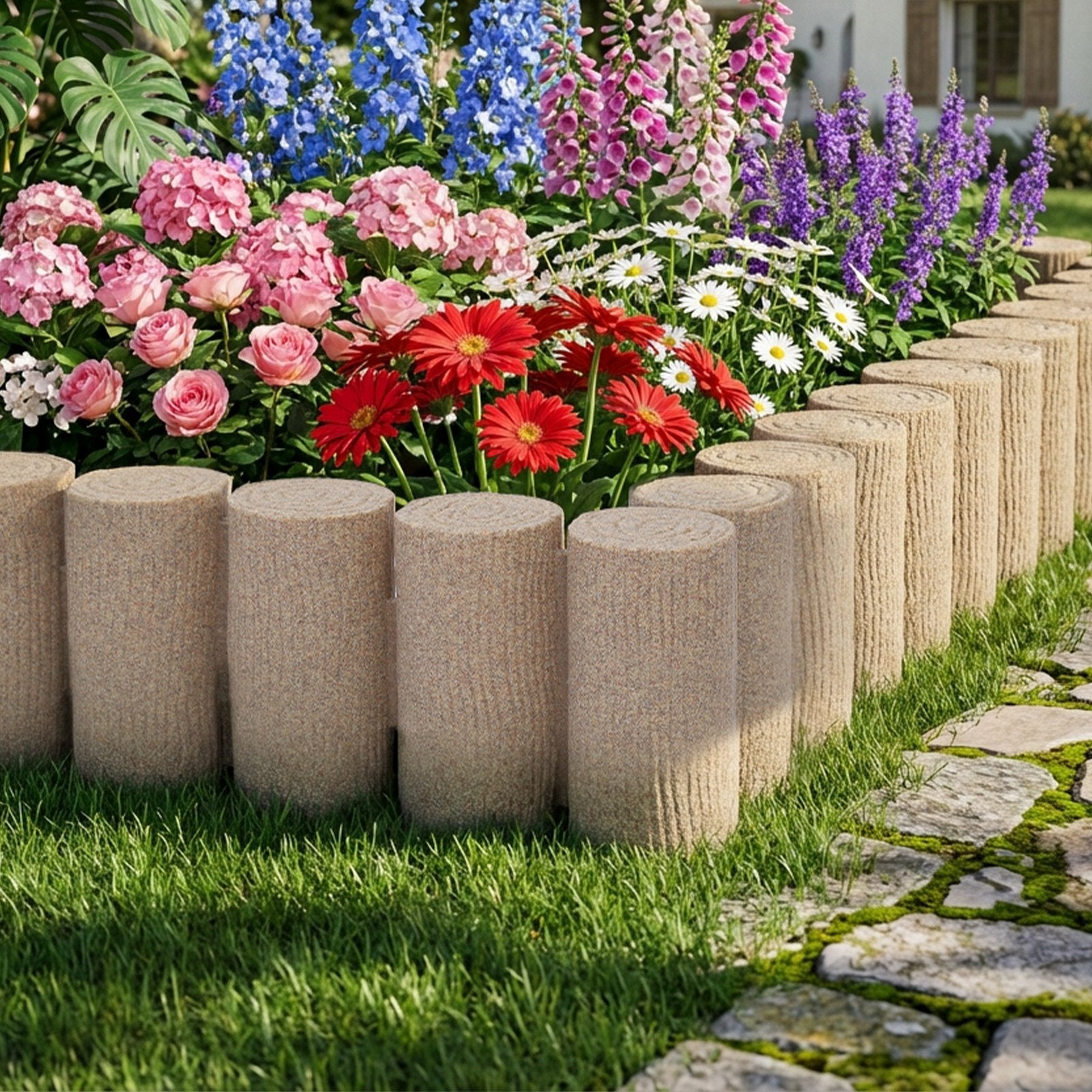 Transform Your Outdoor Space with Faux Wood Landscape Edging – 13.7 ft No Dig Kit for Lawns, Flower Beds & Pathways, 4-Pack, Beige, Flexible & Durable Design