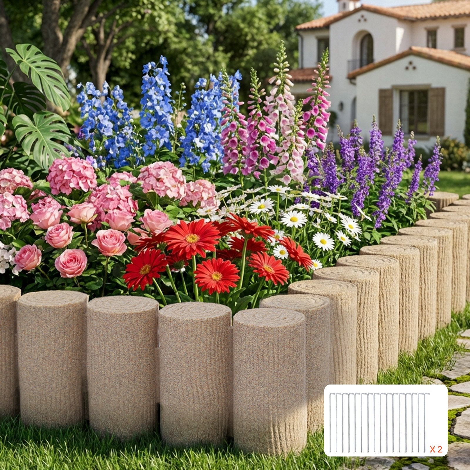Transform Your Outdoor Space with Faux Wood Landscape Edging – 13.7 ft No Dig Kit for Lawns, Flower Beds & Pathways, 4-Pack, Beige, Flexible & Durable Design