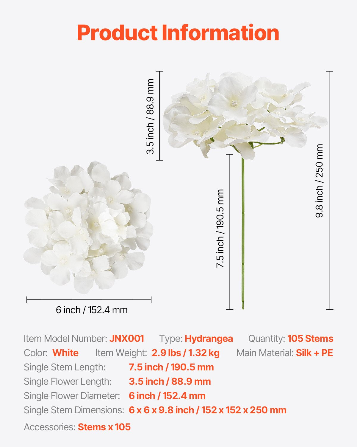 105-Piece White Silk Artificial Hydrangea Set - Realistic Faux Flowers for DIY Wedding Bouquets, Home Centerpieces, and Party Decor