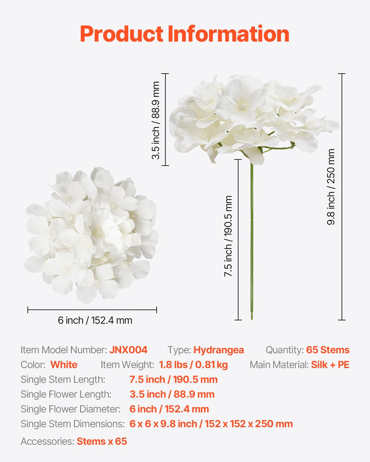 65-Piece White Silk Hydrangea Faux Flowers for DIY Wedding Bouquets, Bridal Showers, Home Centerpieces, and Party Table Decor